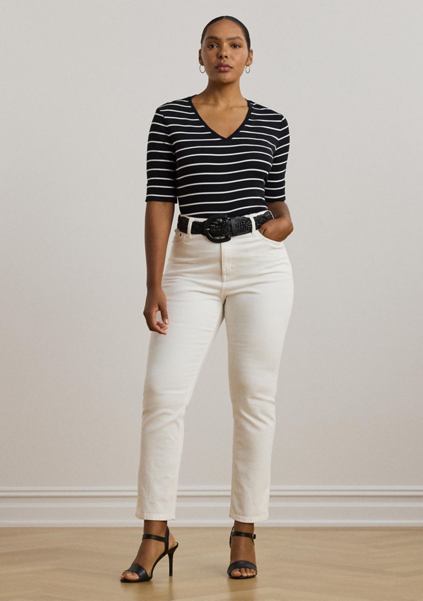 Womens Striped Cotton Elbow Sleeve V-Neck T-Shirt