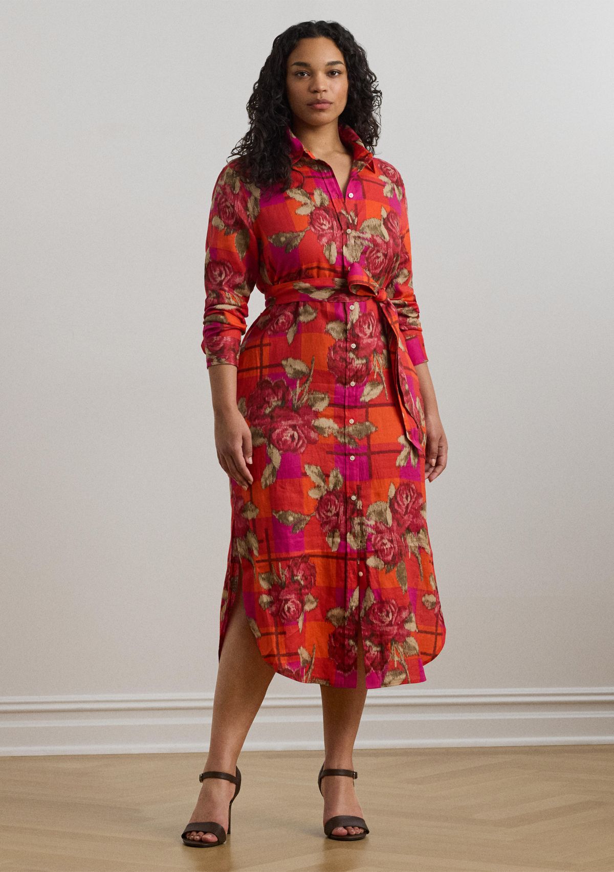 Plus Size Floral Checked Linen Shirtdress