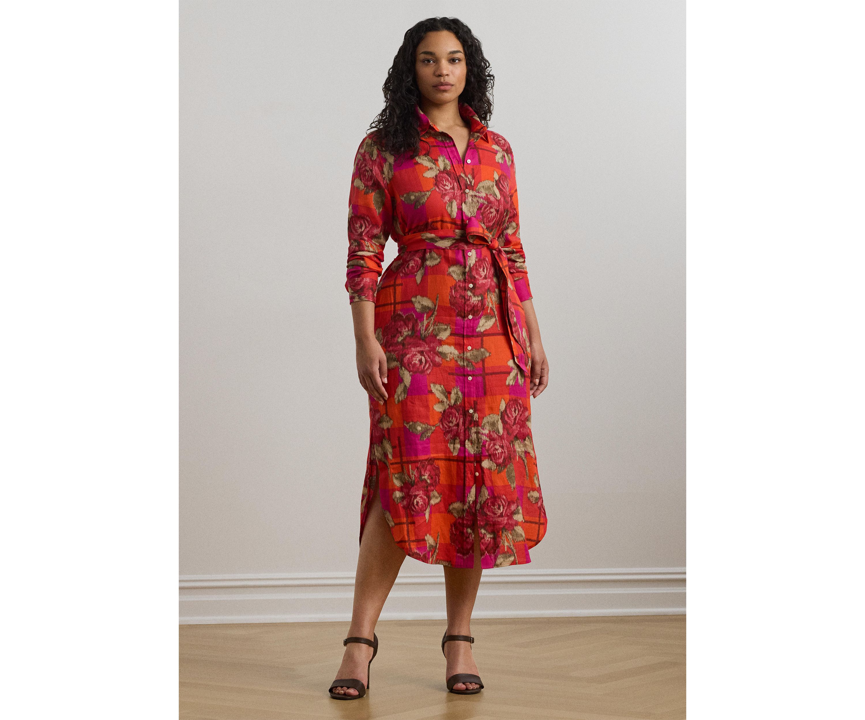 Plus Size Floral Checked Linen Shirtdress