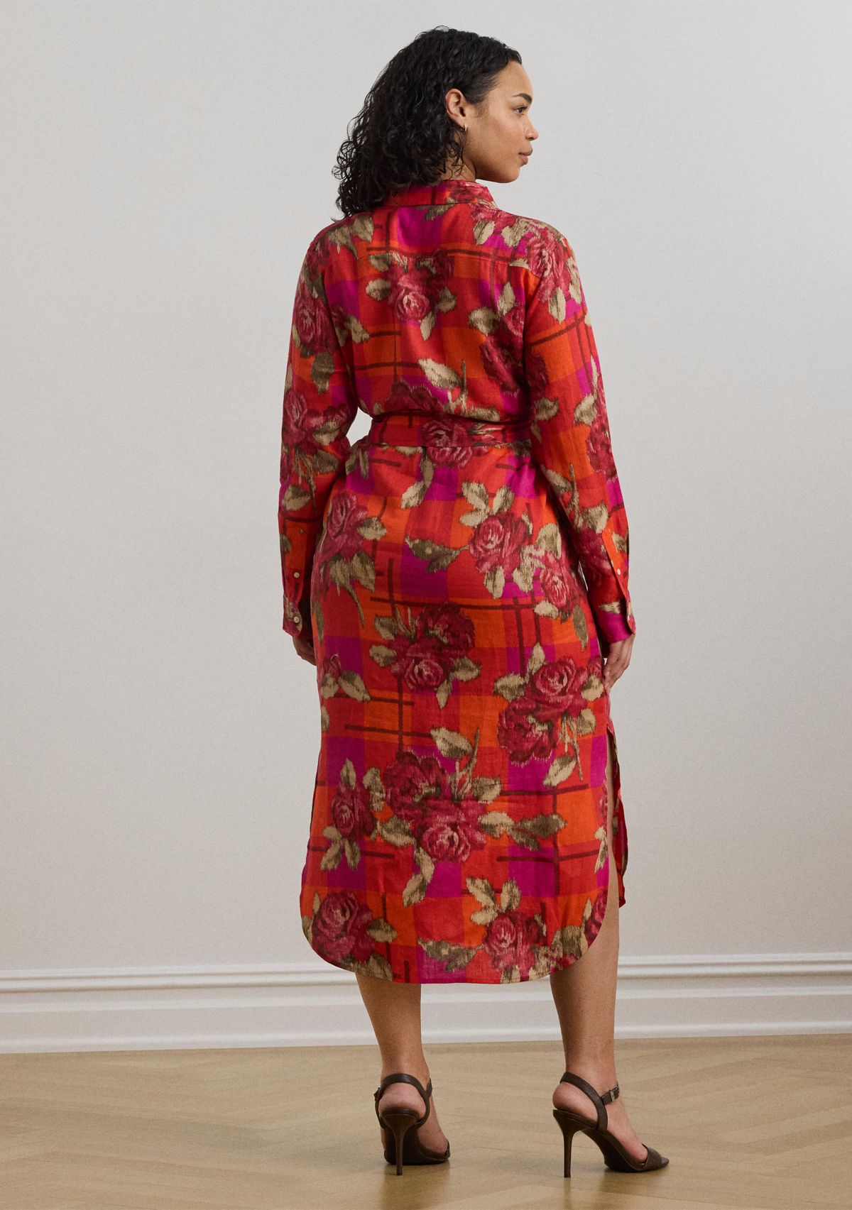 Plus Size Floral Checked Linen Shirtdress