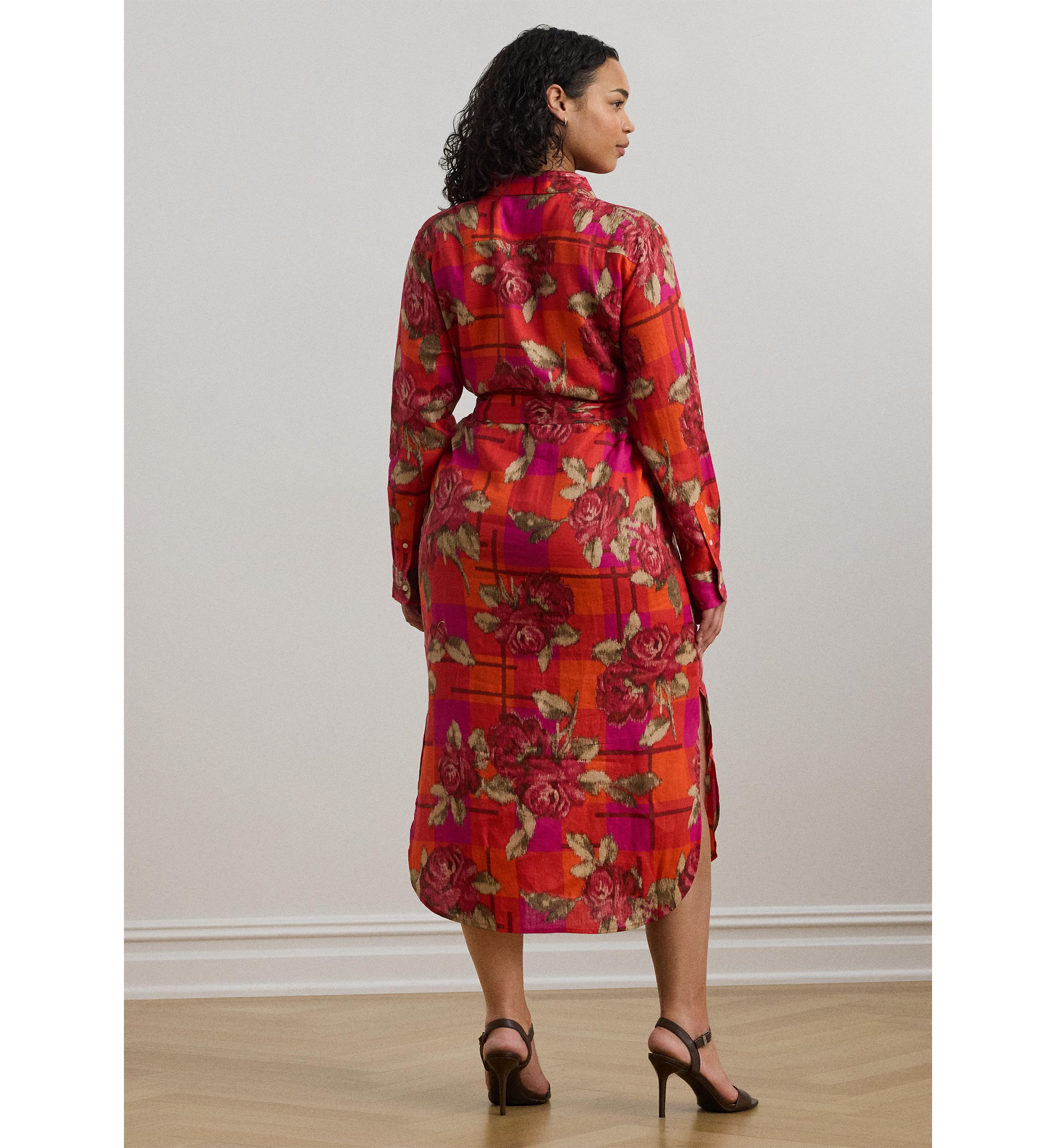 Plus Size Floral Checked Linen Shirtdress