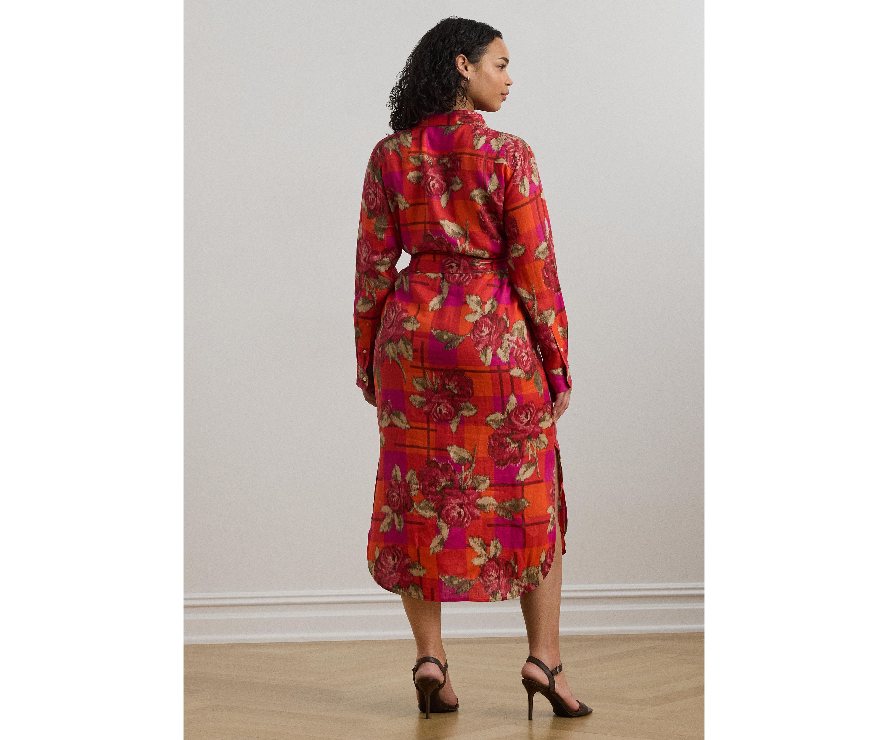 Plus Size Floral Checked Linen Shirtdress