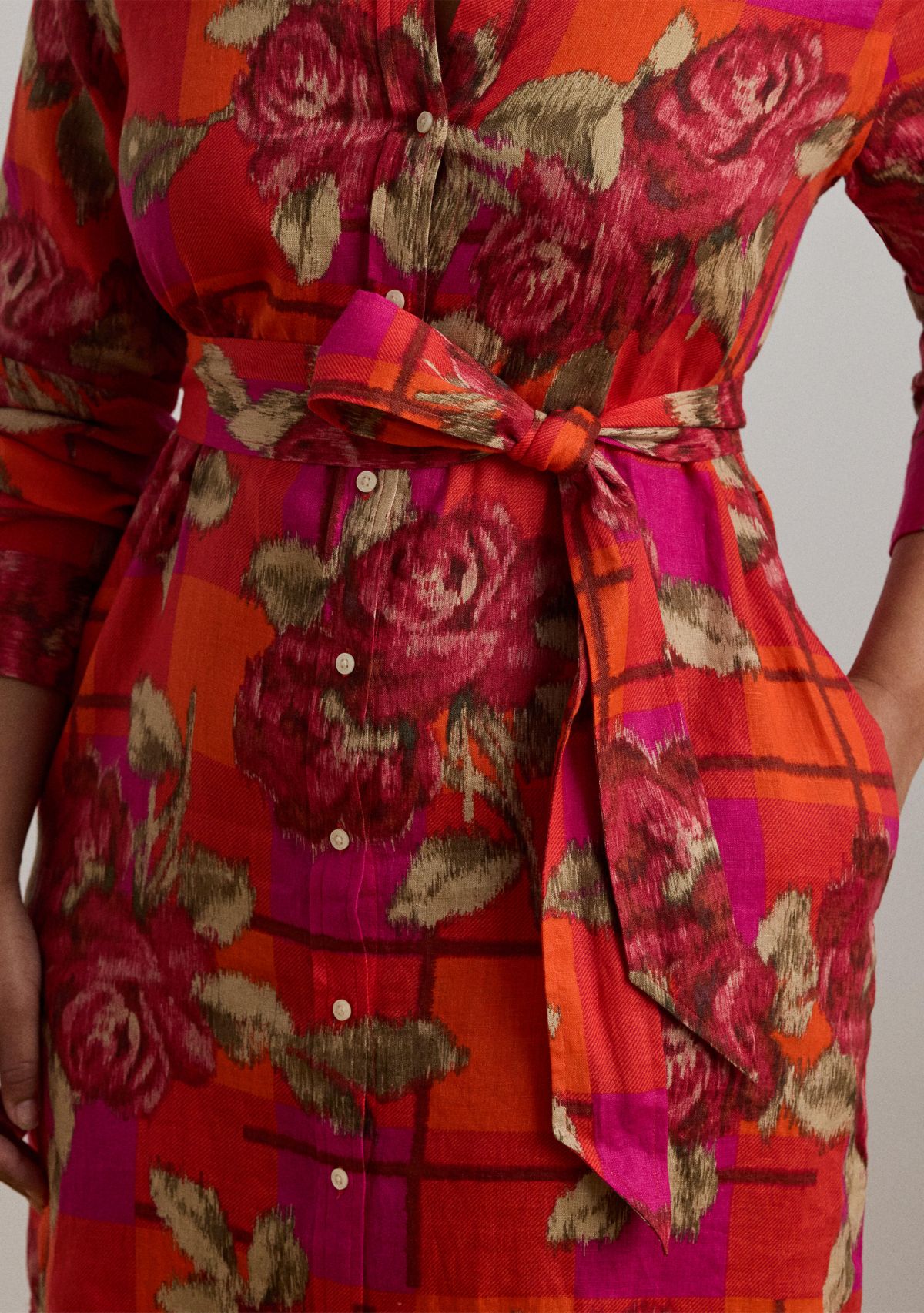 Plus Size Floral Checked Linen Shirtdress