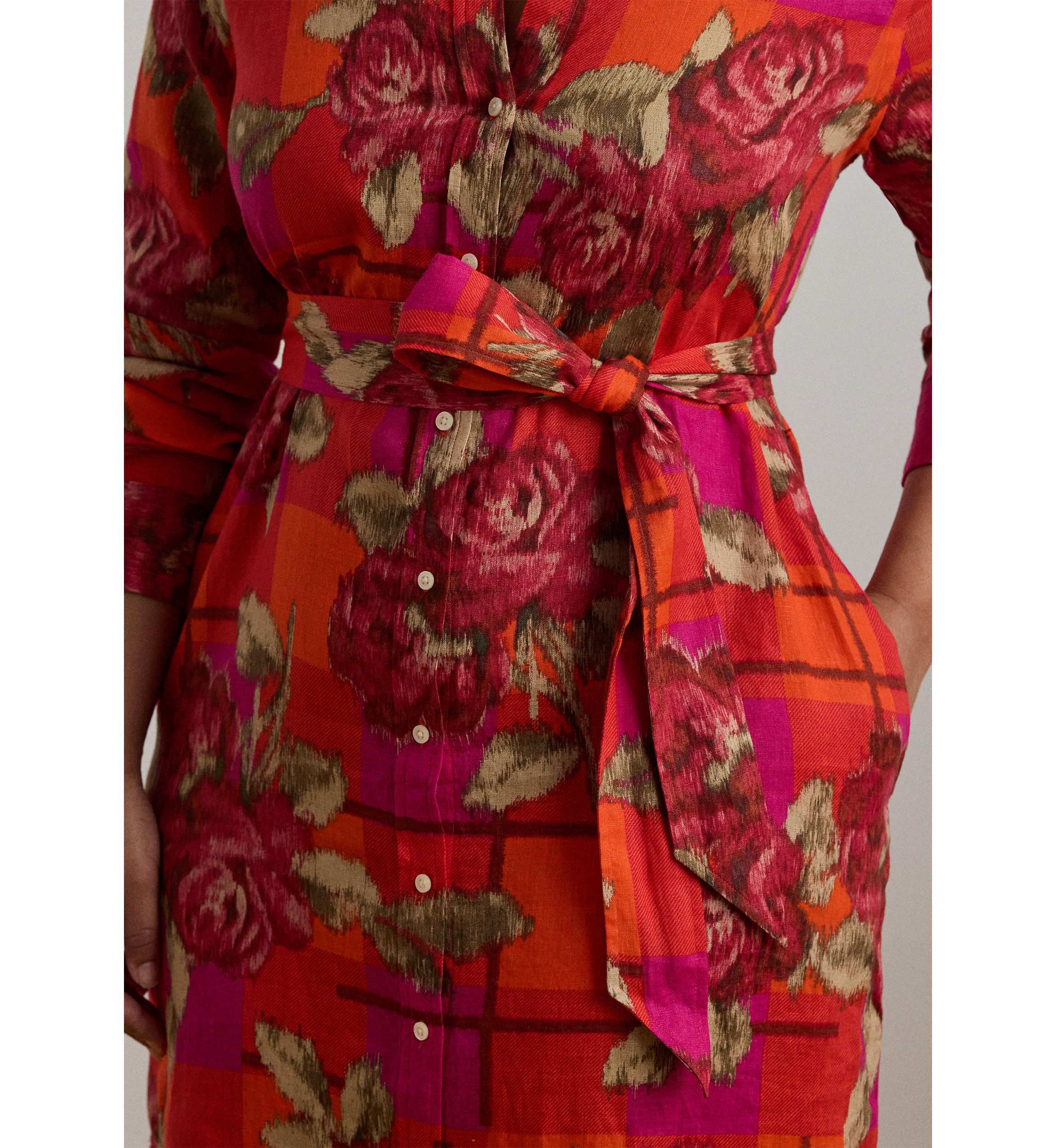 Plus Size Floral Checked Linen Shirtdress