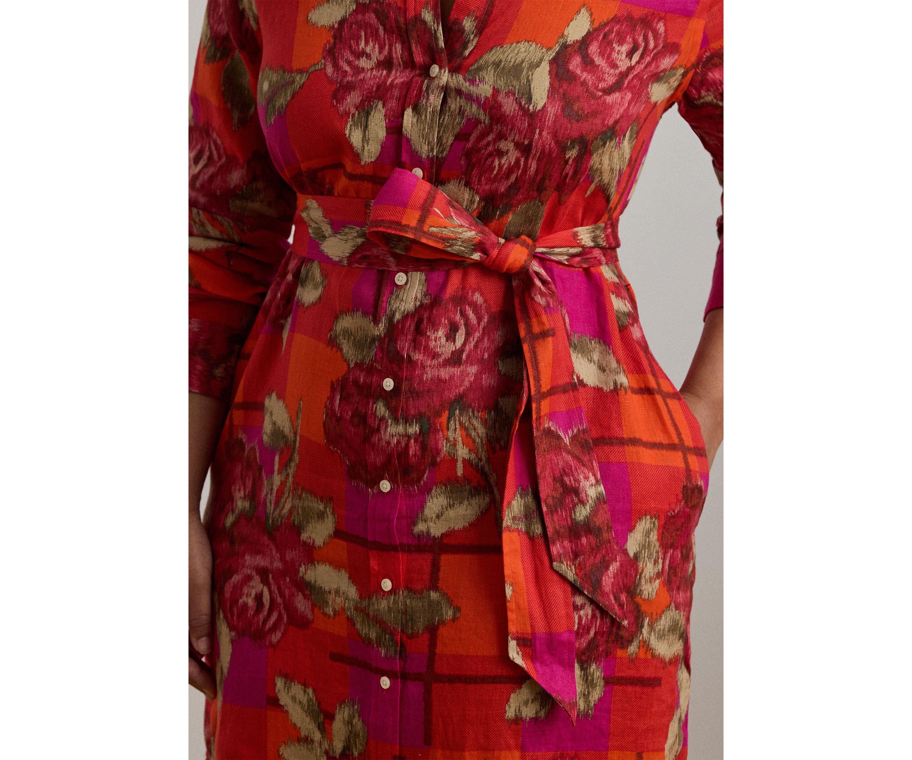Plus Size Floral Checked Linen Shirtdress