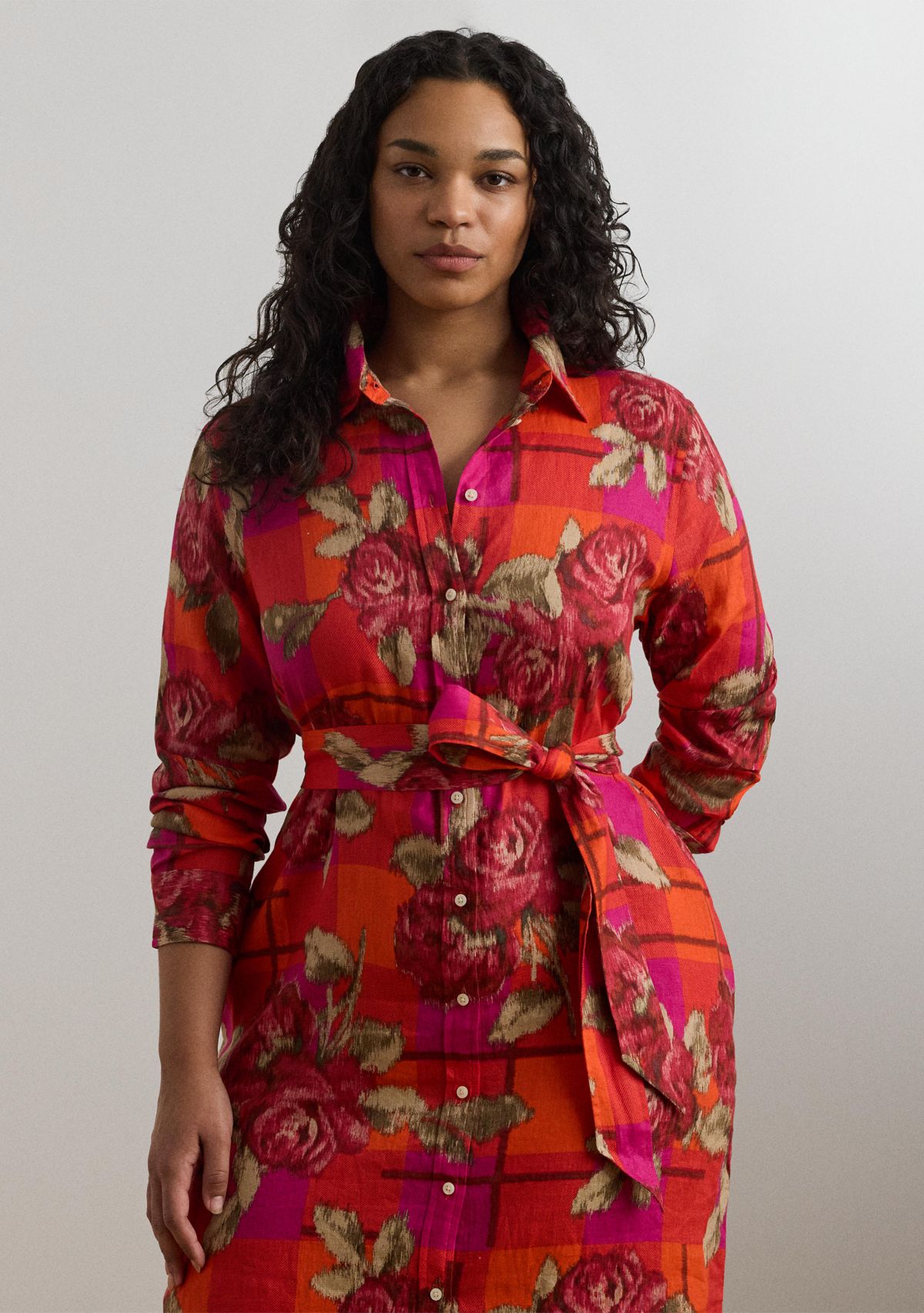 Plus Size Floral Checked Linen Shirtdress