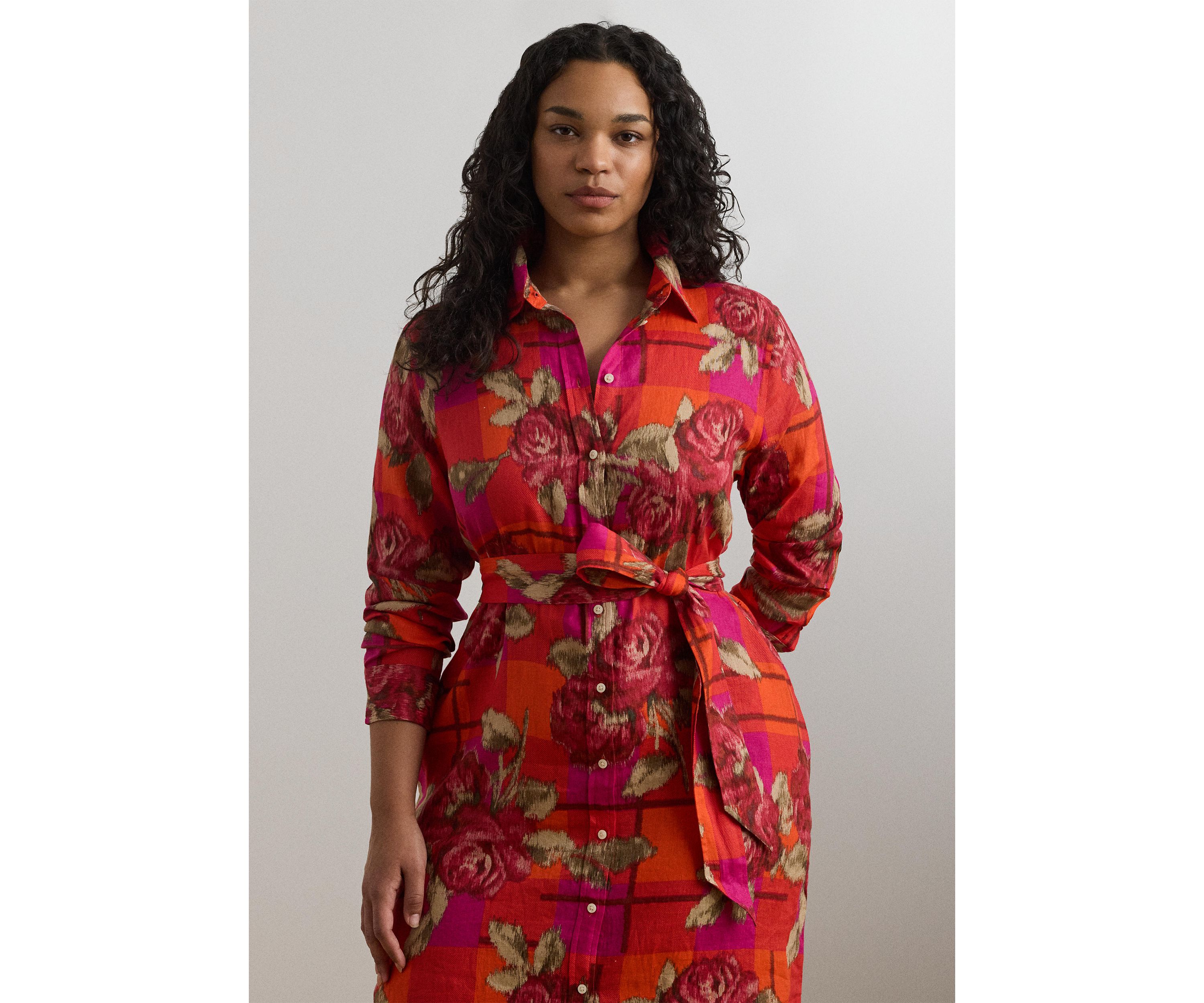 Plus Size Floral Checked Linen Shirtdress
