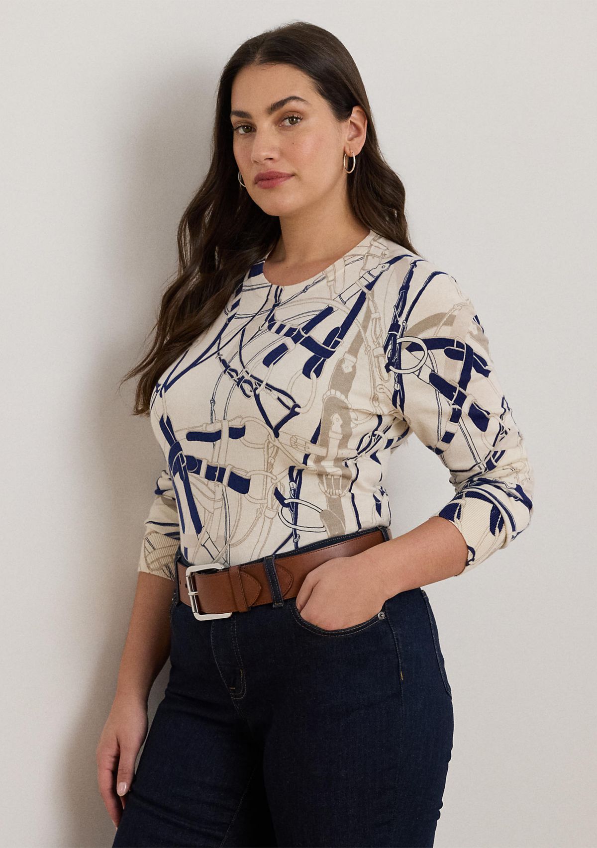 Plus Size Belting-Print Cotton-Blend Sweater