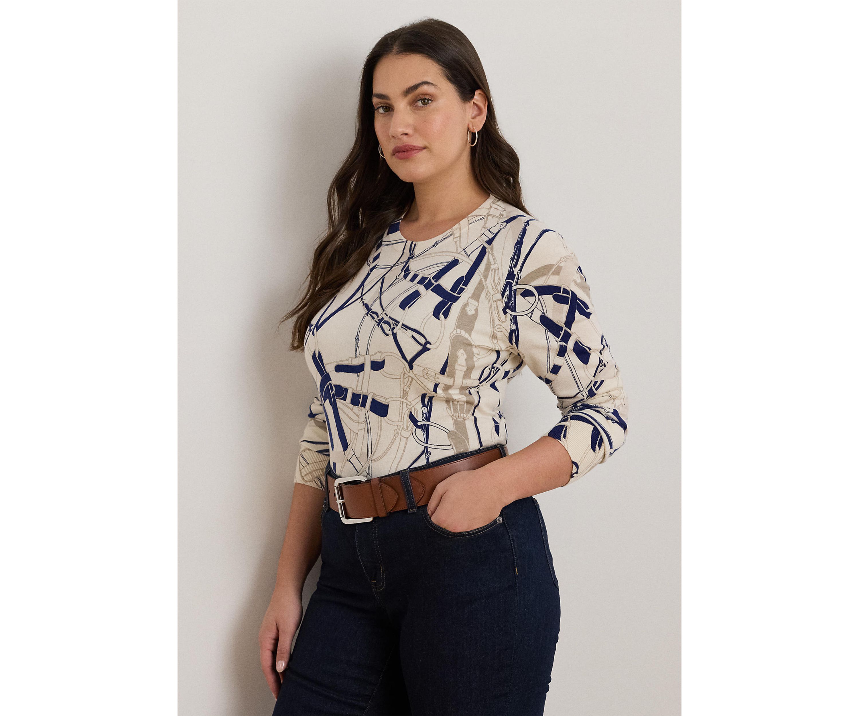 Womens Belting-Print Cotton-Blend Sweater