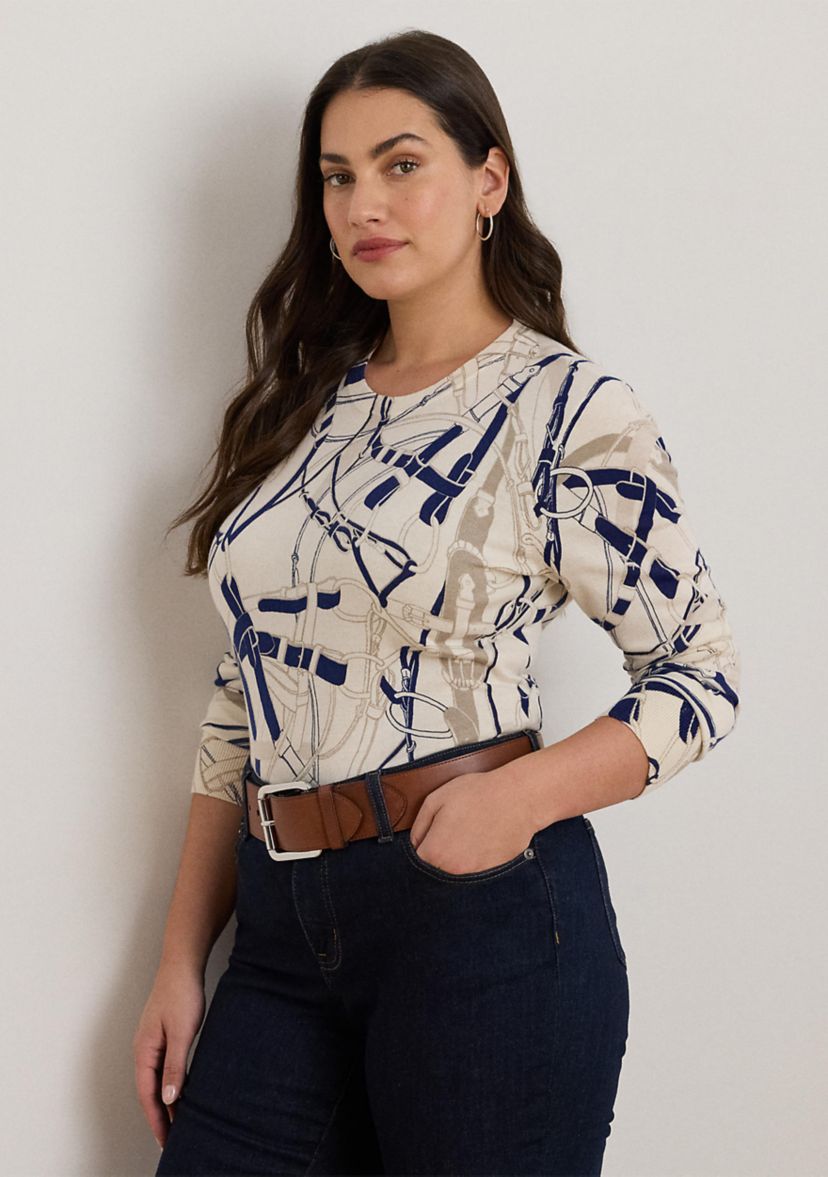 Womens Belting-Print Cotton-Blend Sweater
