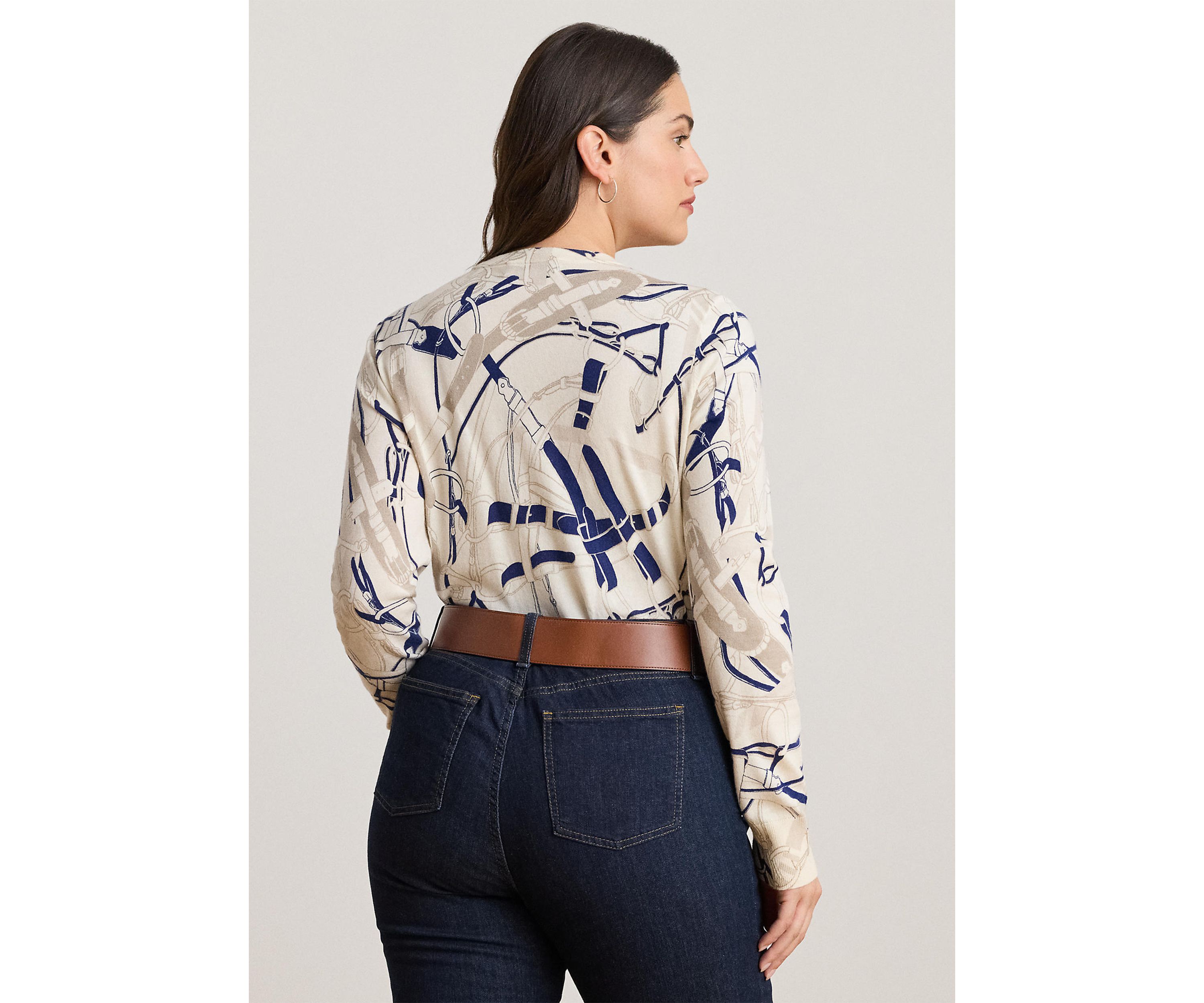 Womens Belting-Print Cotton-Blend Sweater