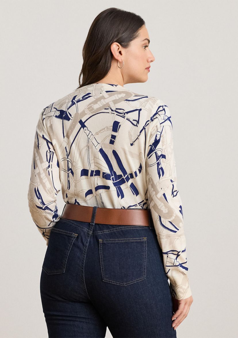 Womens Belting-Print Cotton-Blend Sweater