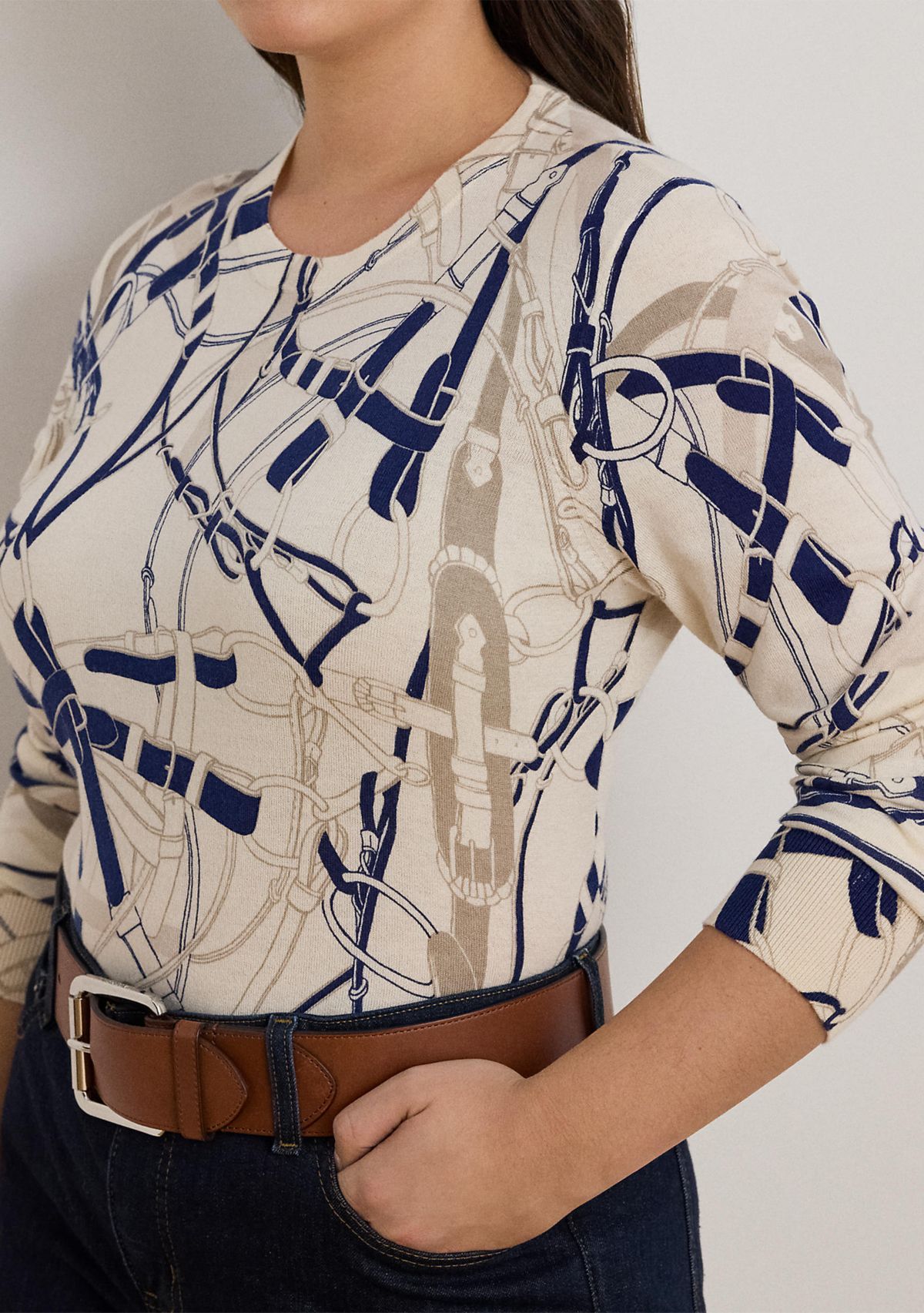 Plus Size Belting-Print Cotton-Blend Sweater