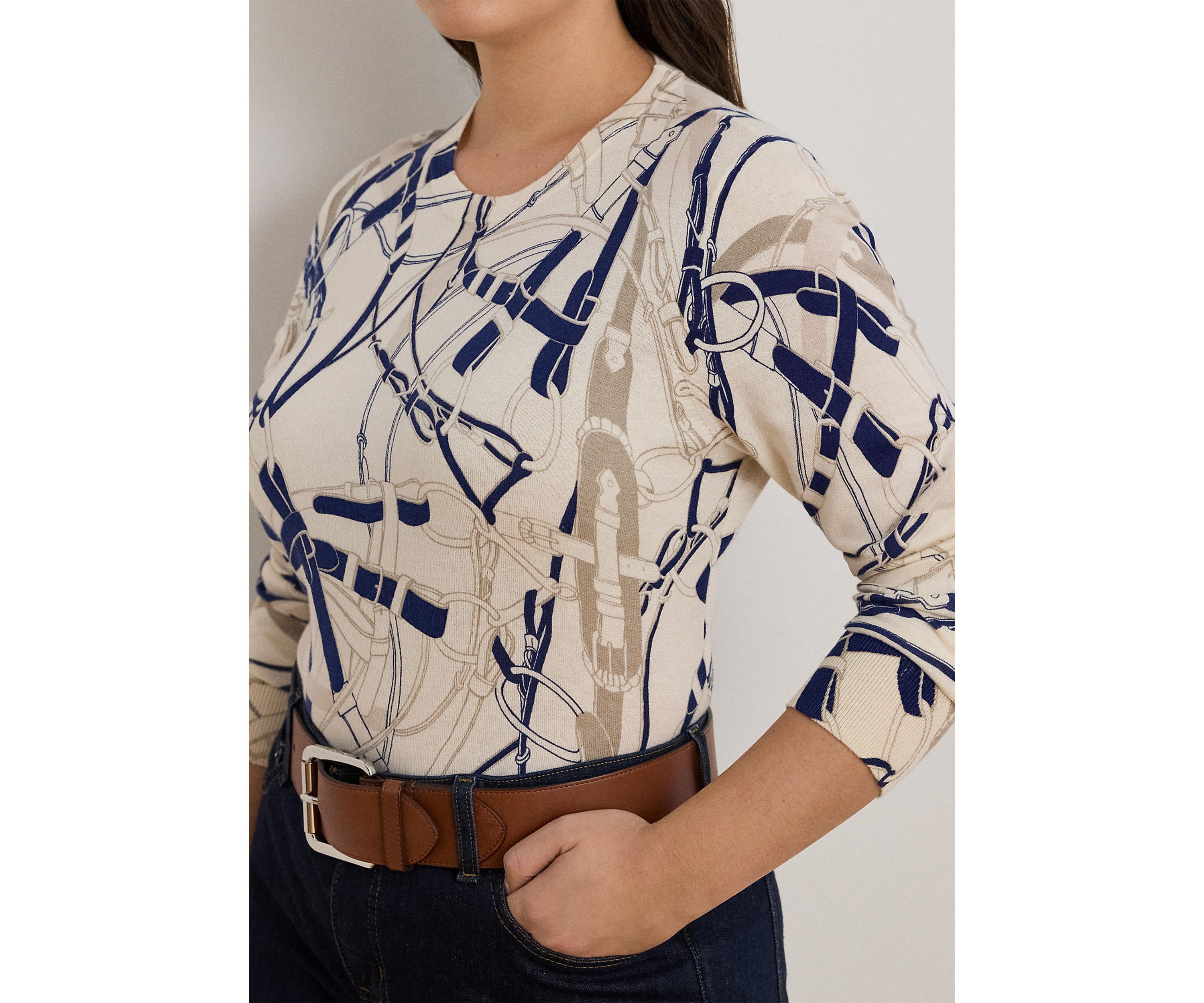 Womens Belting-Print Cotton-Blend Sweater