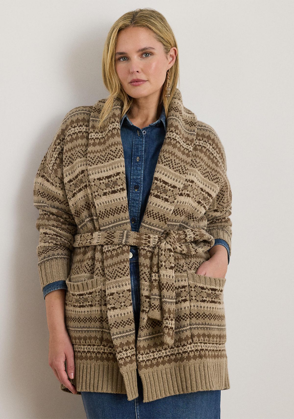 Plus Size Fair Isle Belted Wool-Blend Cardigan