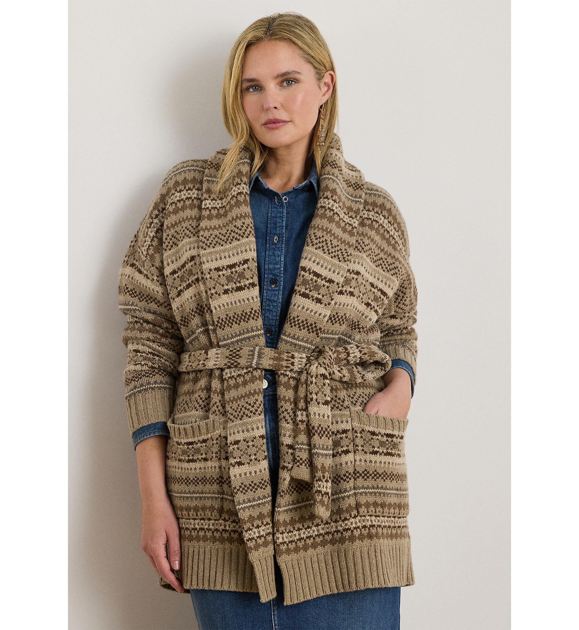 Plus Size Fair Isle Belted Wool-Blend Cardigan