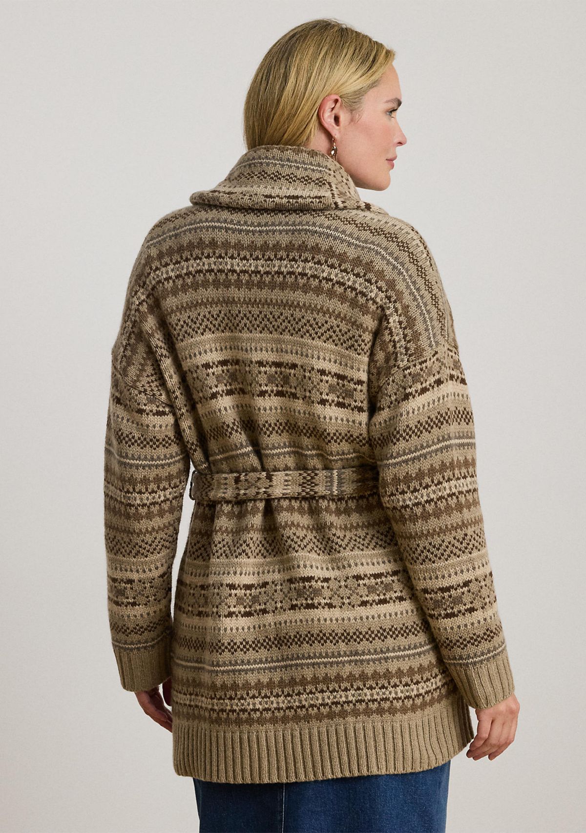 Plus Size Fair Isle Belted Wool-Blend Cardigan
