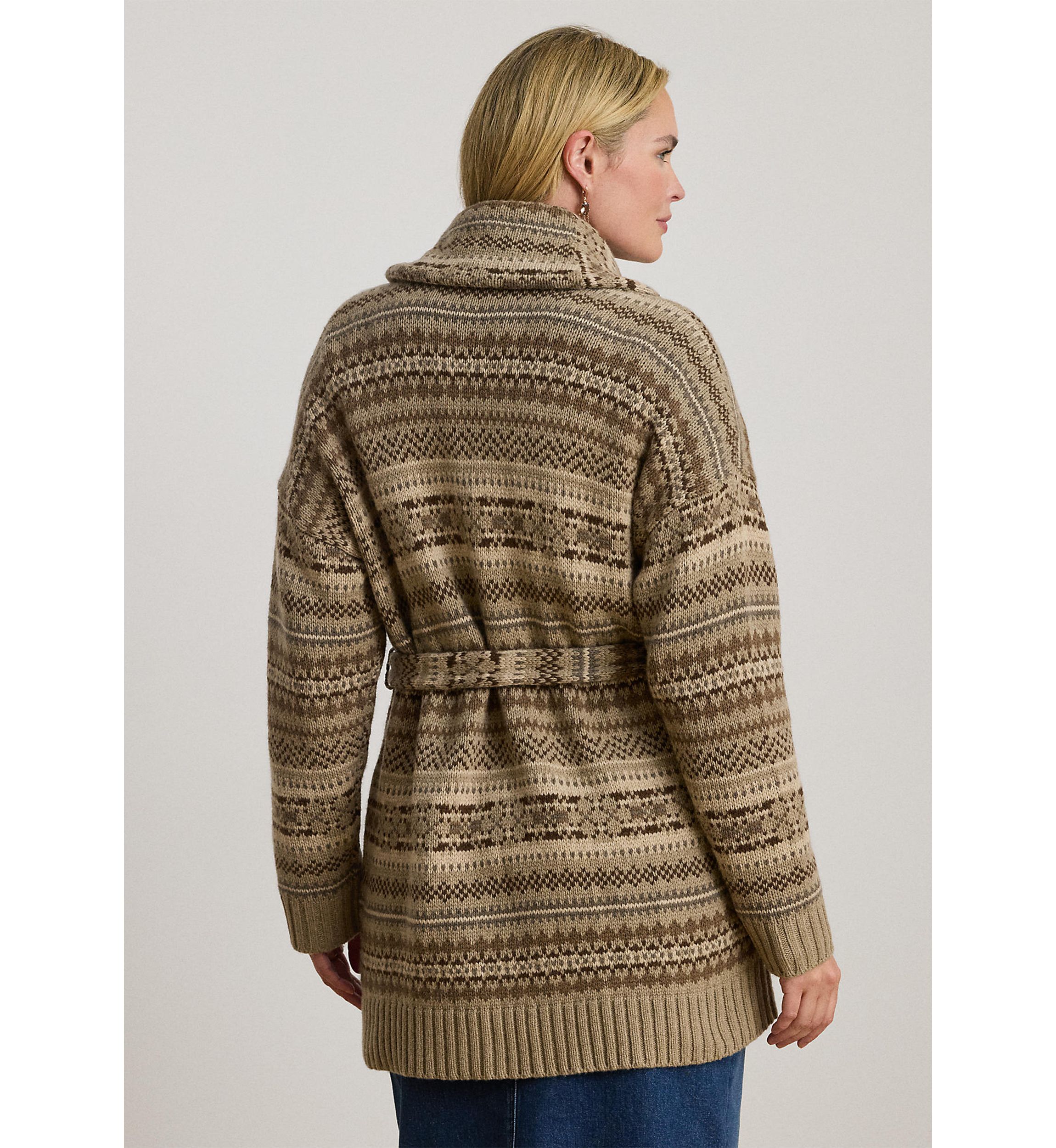 Plus Size Fair Isle Belted Wool-Blend Cardigan