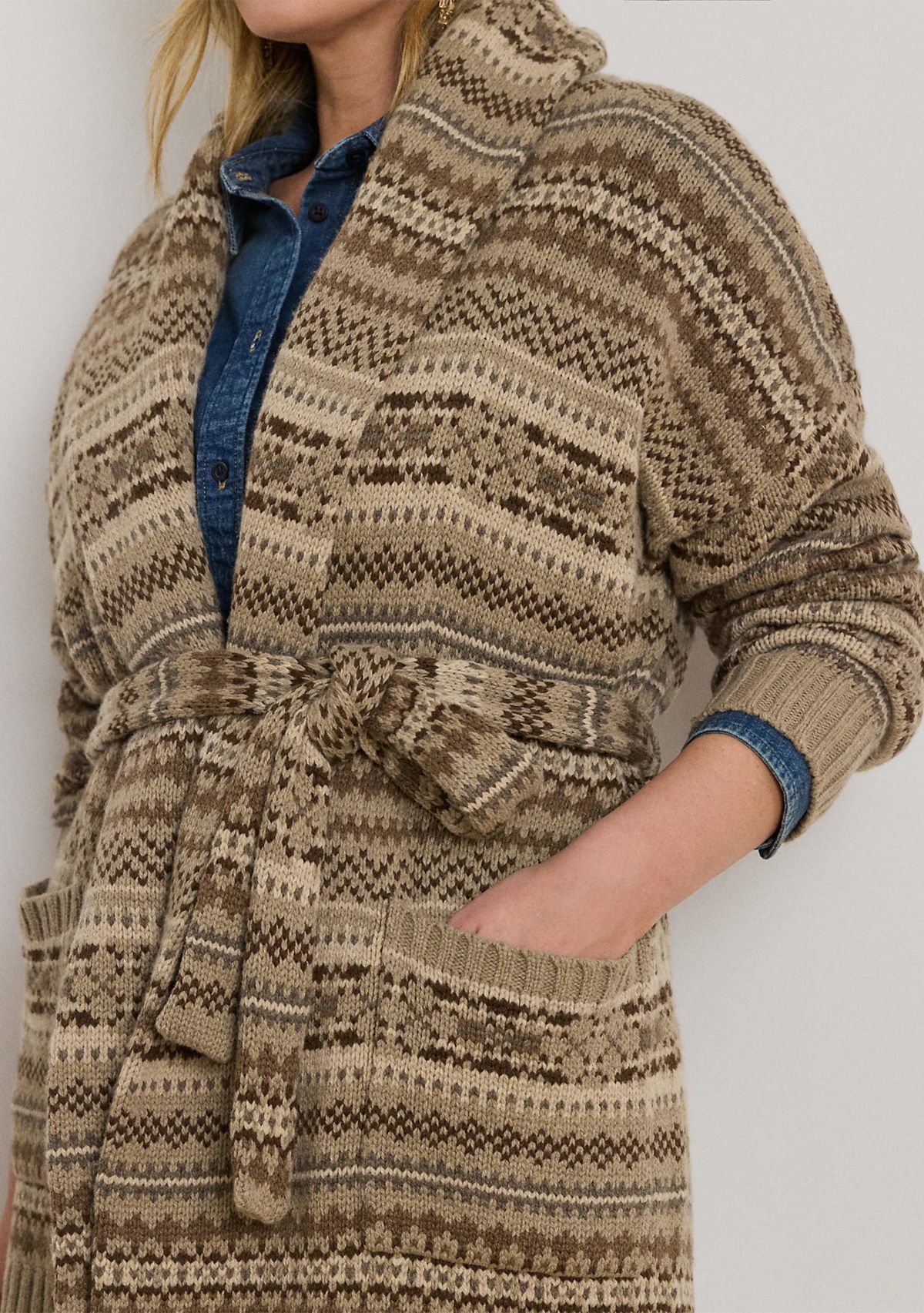 Plus Size Fair Isle Belted Wool-Blend Cardigan