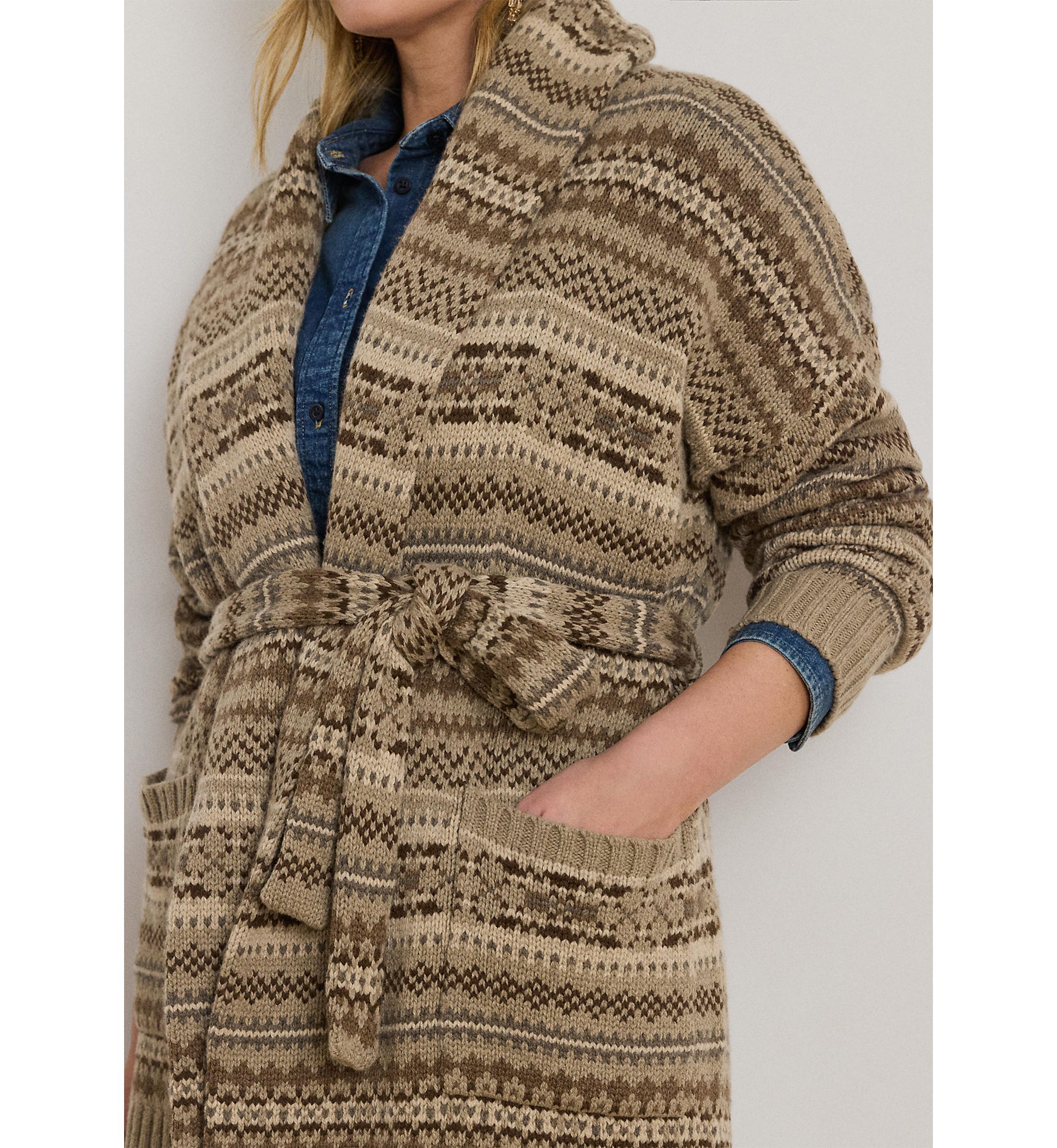 Plus Size Fair Isle Belted Wool-Blend Cardigan
