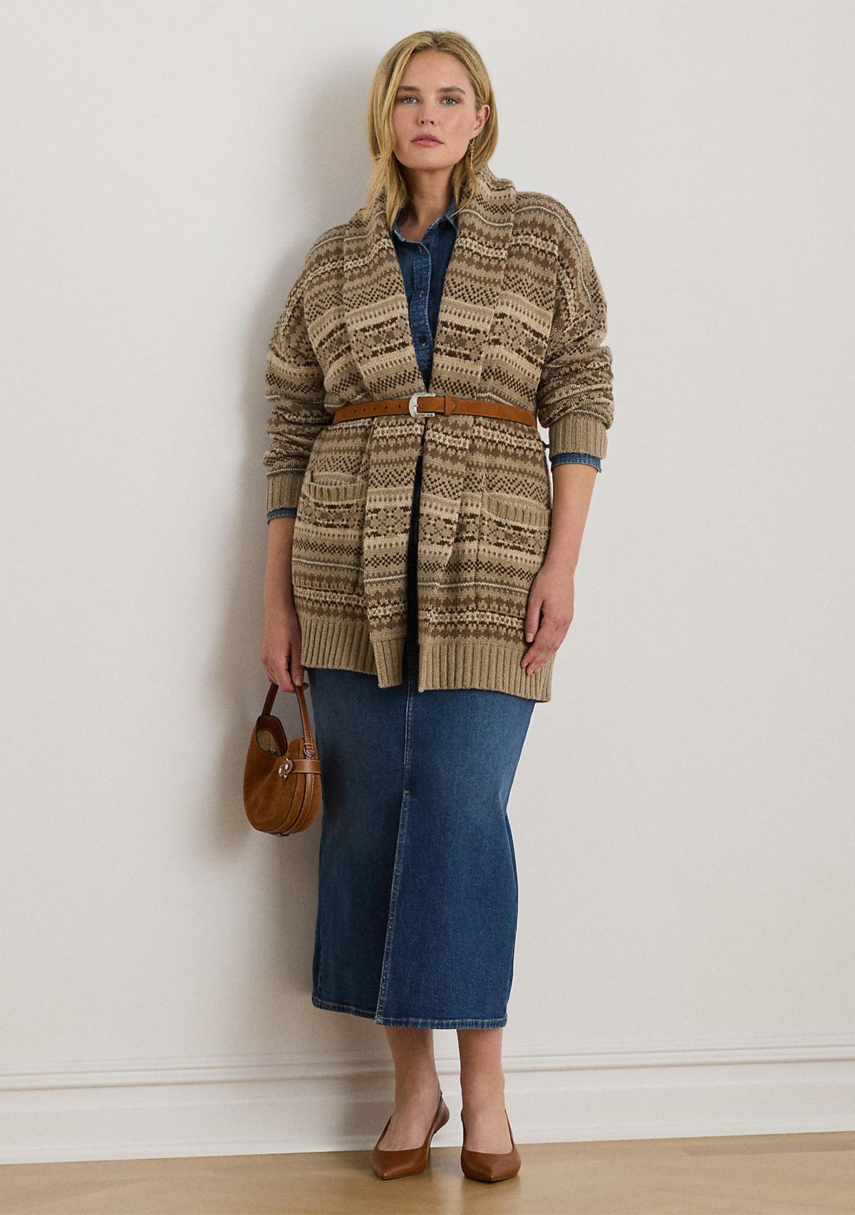 Plus Size Fair Isle Belted Wool-Blend Cardigan