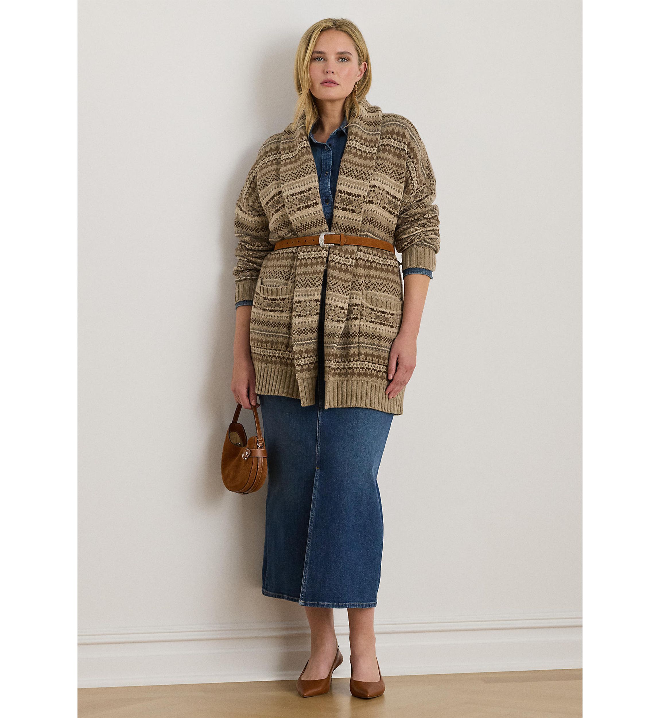 Plus Size Fair Isle Belted Wool-Blend Cardigan