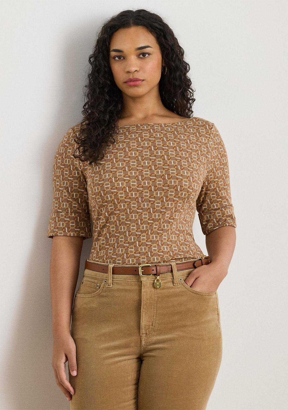 Plus Size Geo-Print Stretch Cotton Boatneck Tee