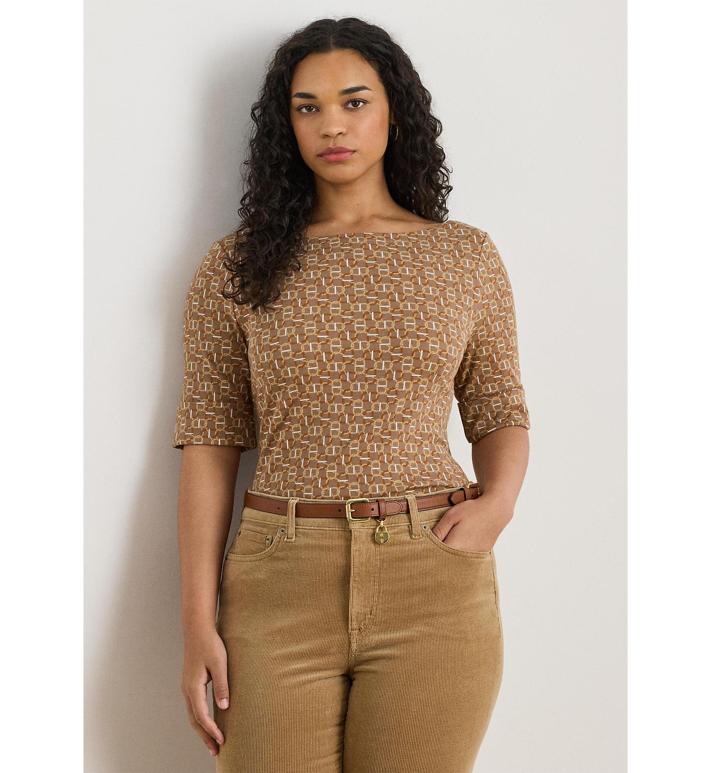 Plus Size Geo-Print Stretch Cotton Boatneck Tee