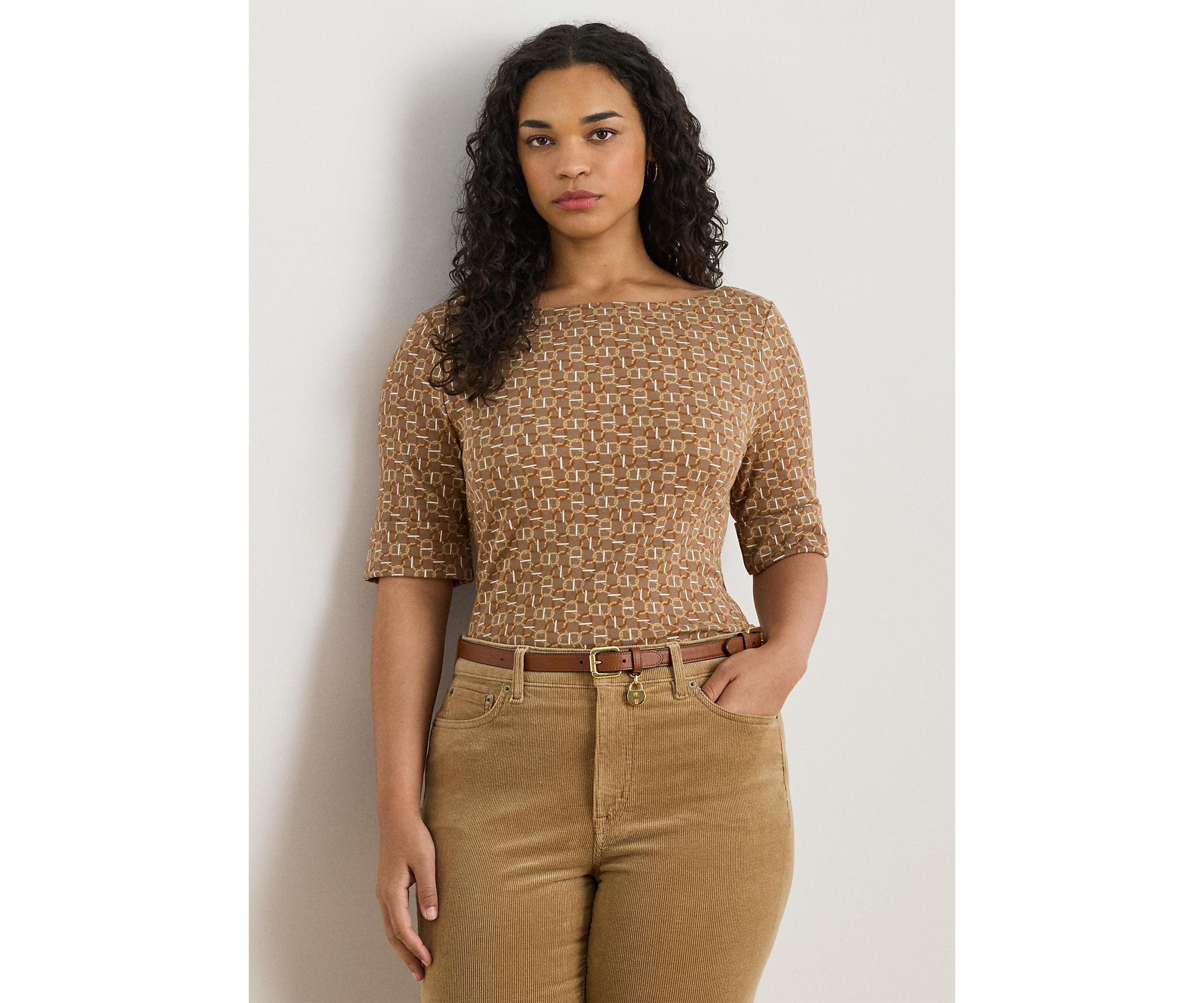 Plus Size Geo-Print Stretch Cotton Boatneck Tee