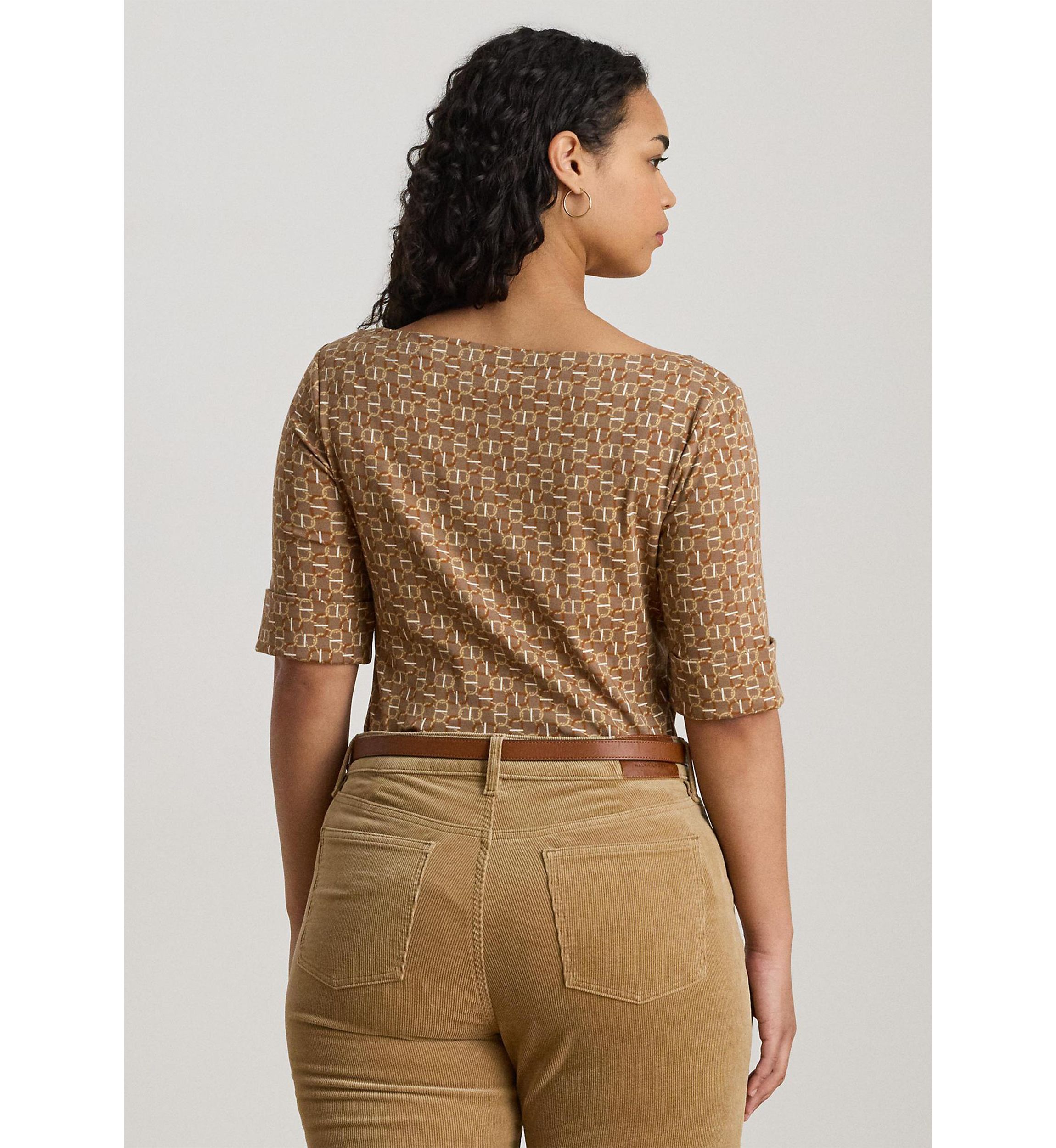 Plus Size Geo-Print Stretch Cotton Boatneck Tee