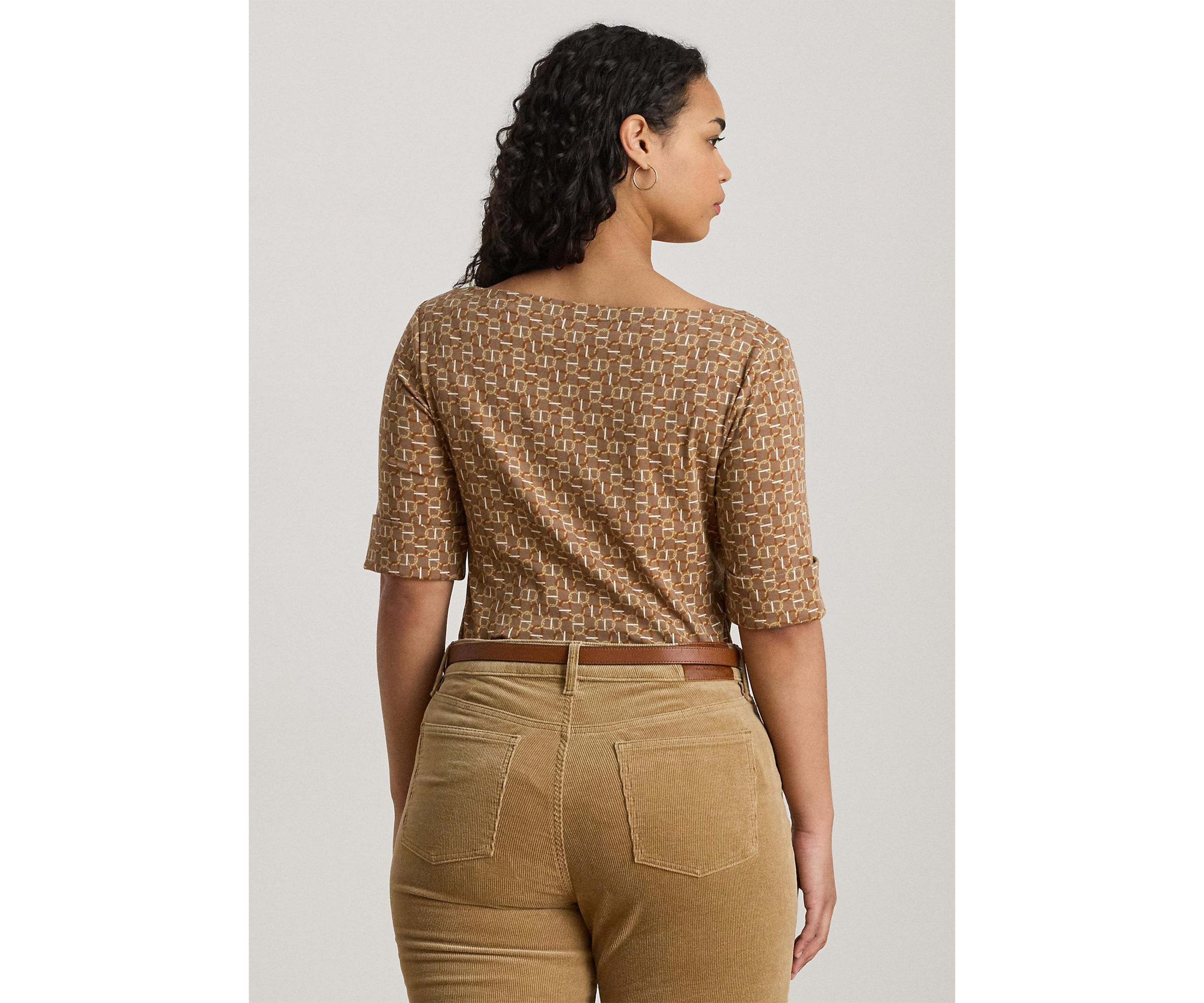 Plus Size Geo-Print Stretch Cotton Boatneck Tee
