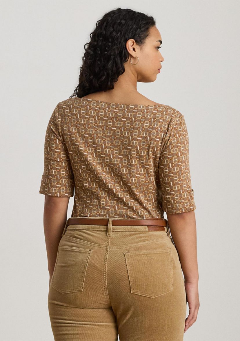Plus Size Geo-Print Stretch Cotton Boatneck Tee