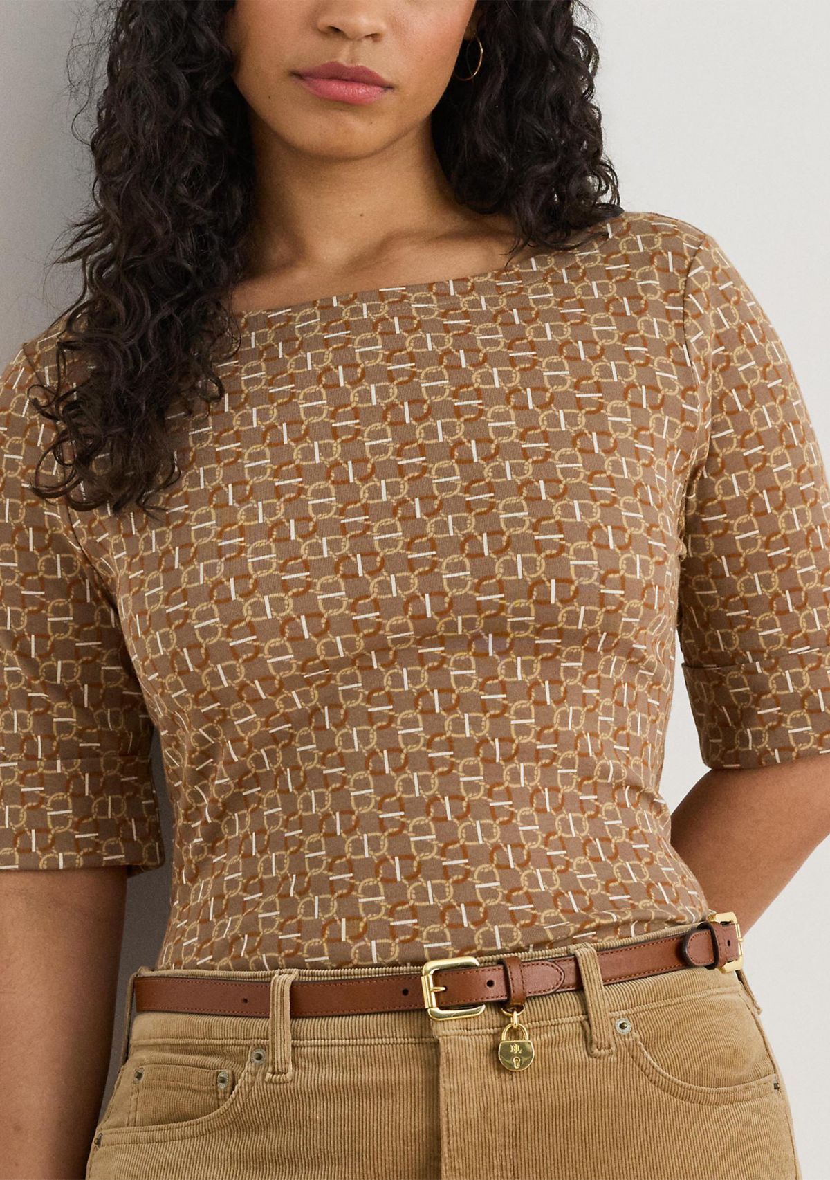 Plus Size Geo-Print Stretch Cotton Boatneck Tee