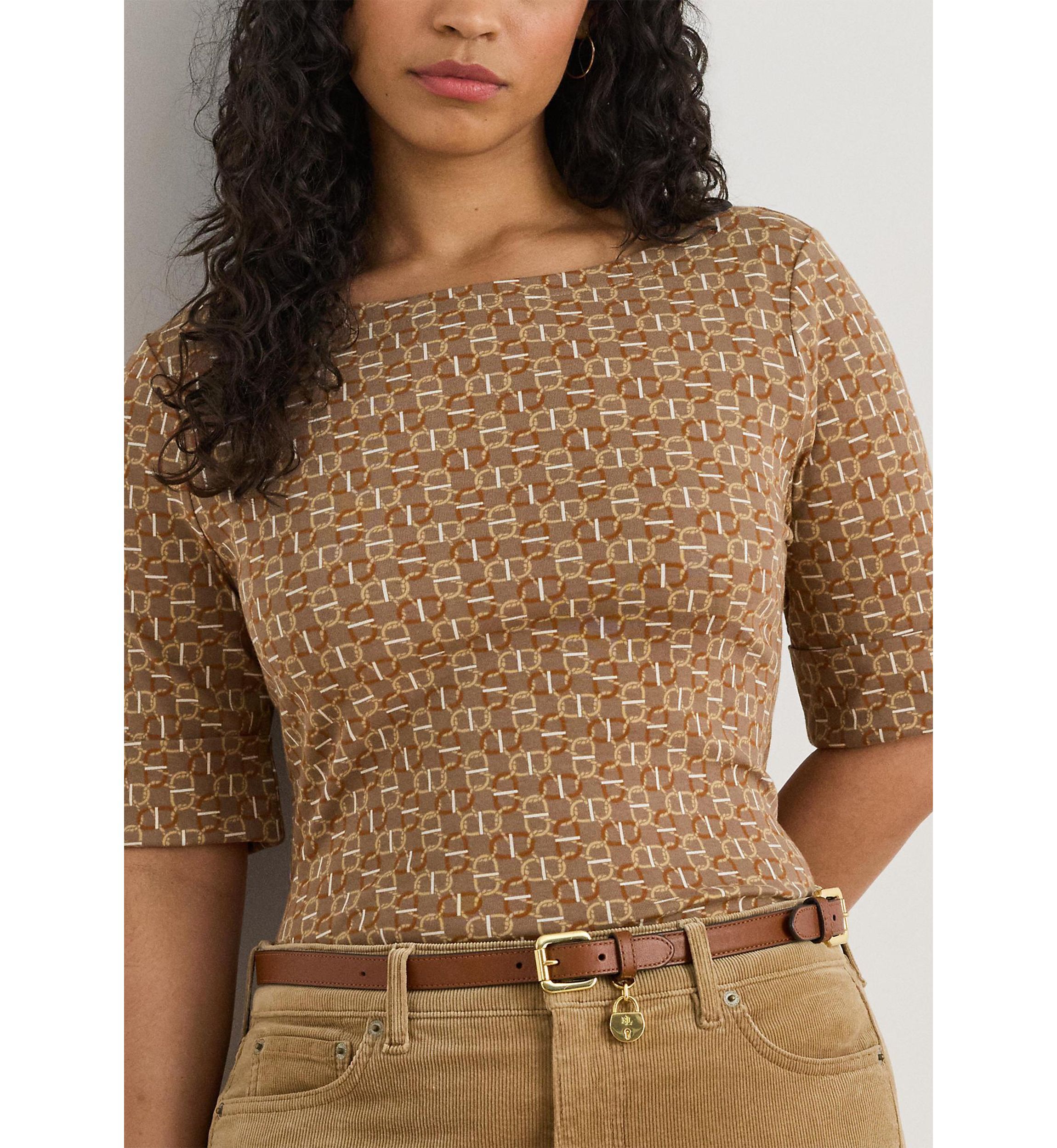 Plus Size Geo-Print Stretch Cotton Boatneck Tee