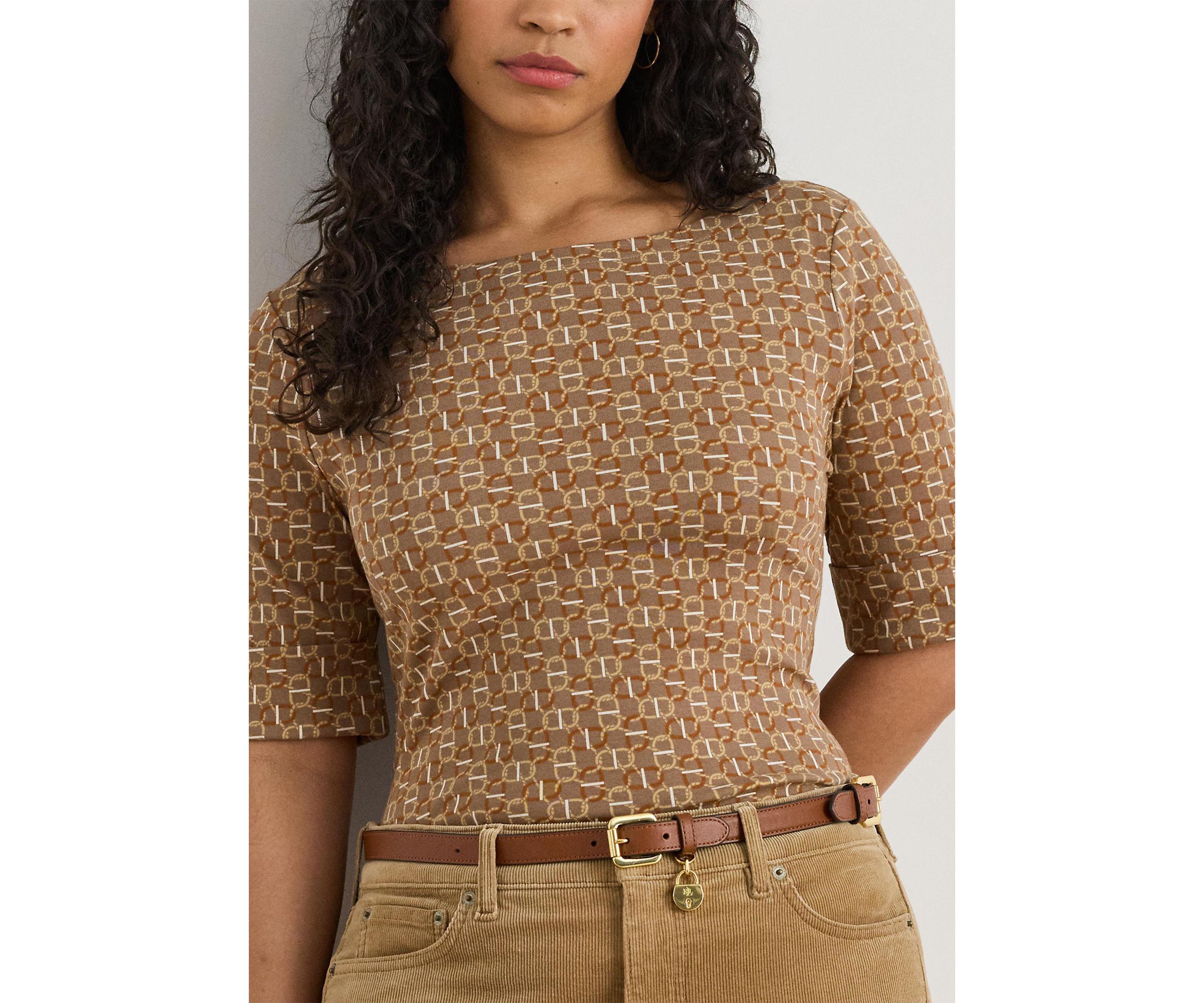 Plus Size Geo-Print Stretch Cotton Boatneck Tee