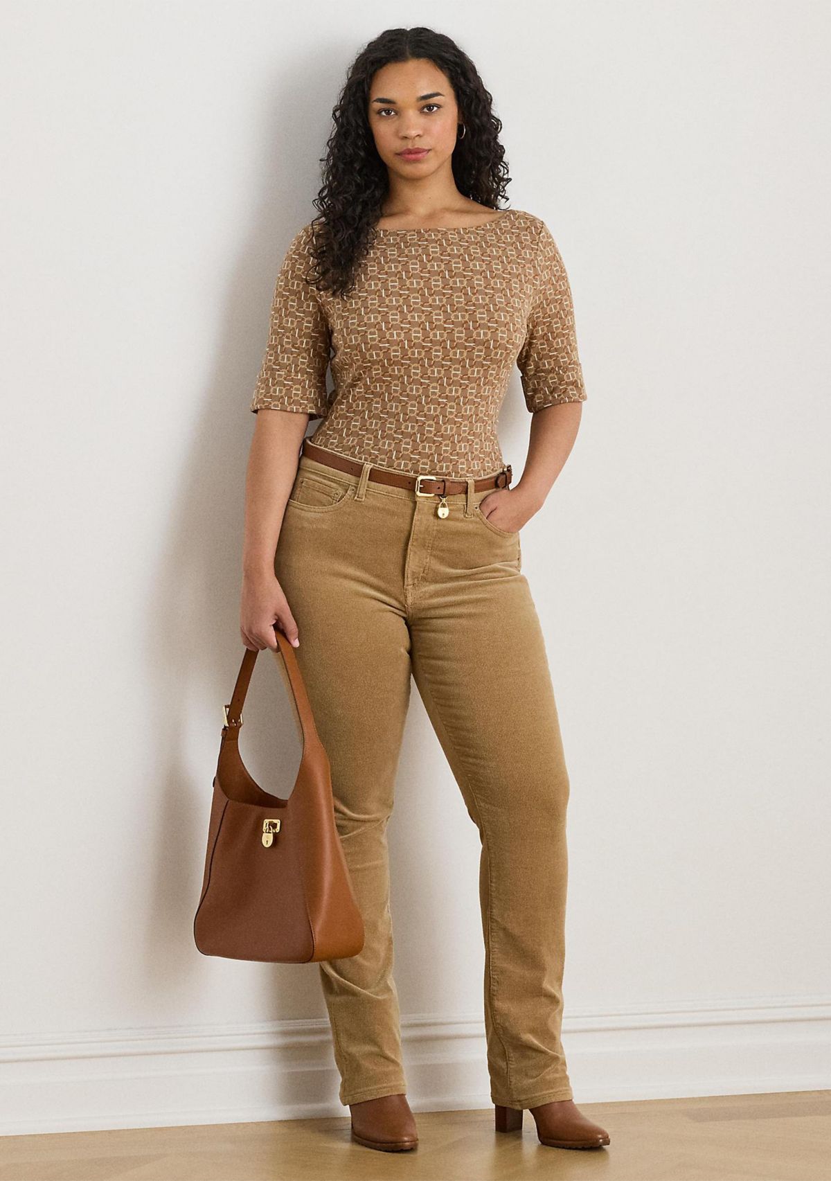 Plus Size Geo-Print Stretch Cotton Boatneck Tee