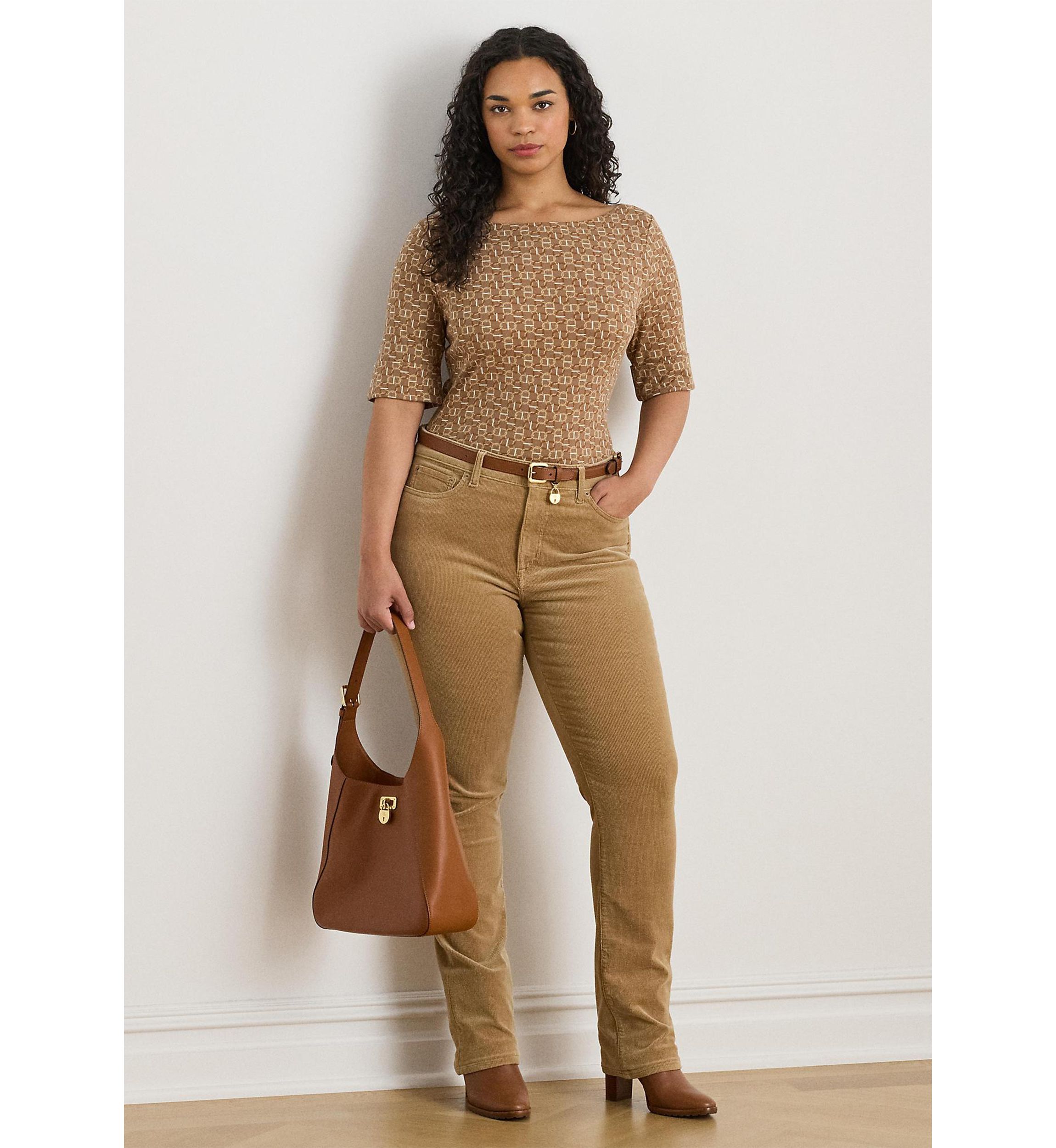 Plus Size Geo-Print Stretch Cotton Boatneck Tee
