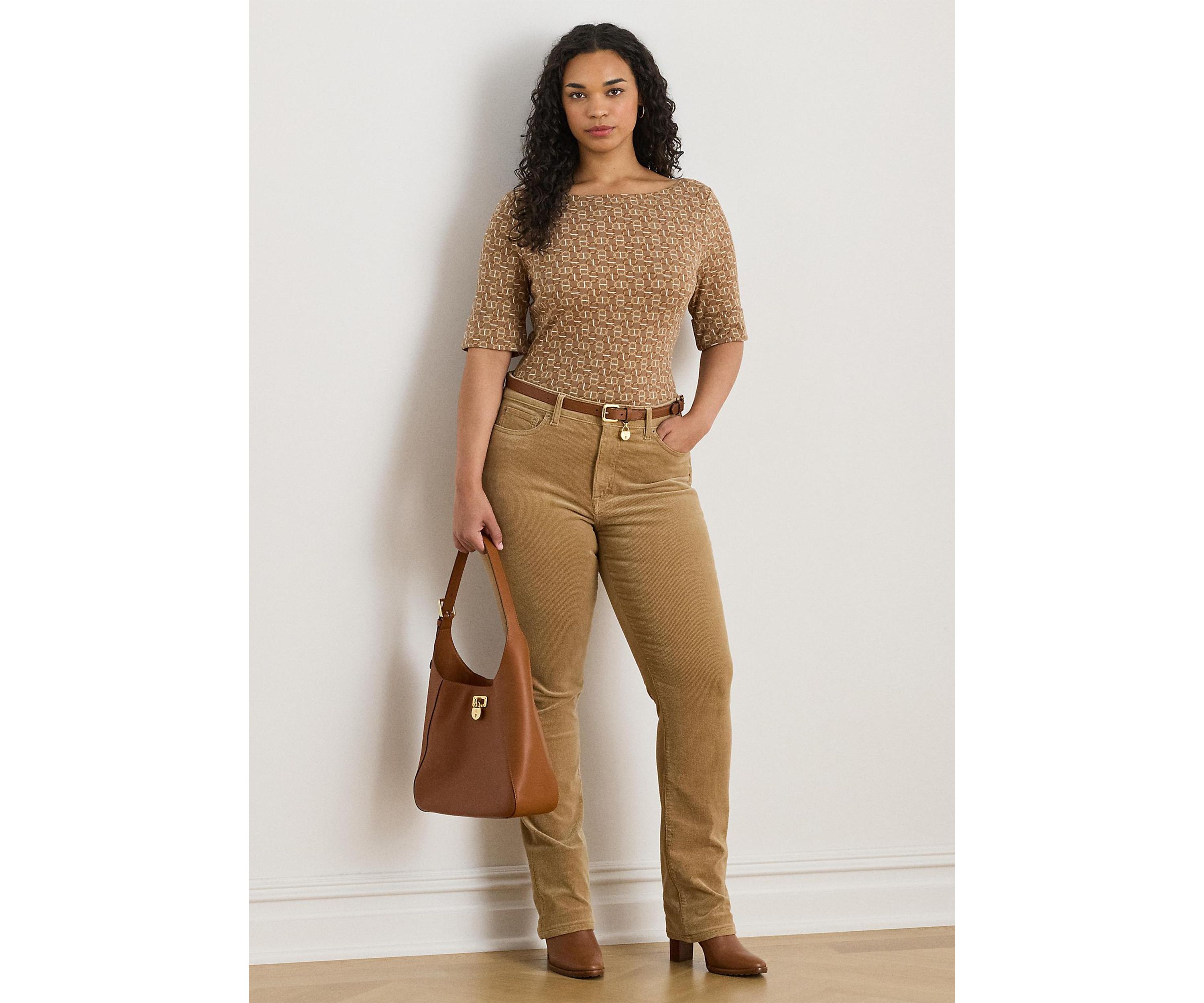 Plus Size Geo-Print Stretch Cotton Boatneck Tee