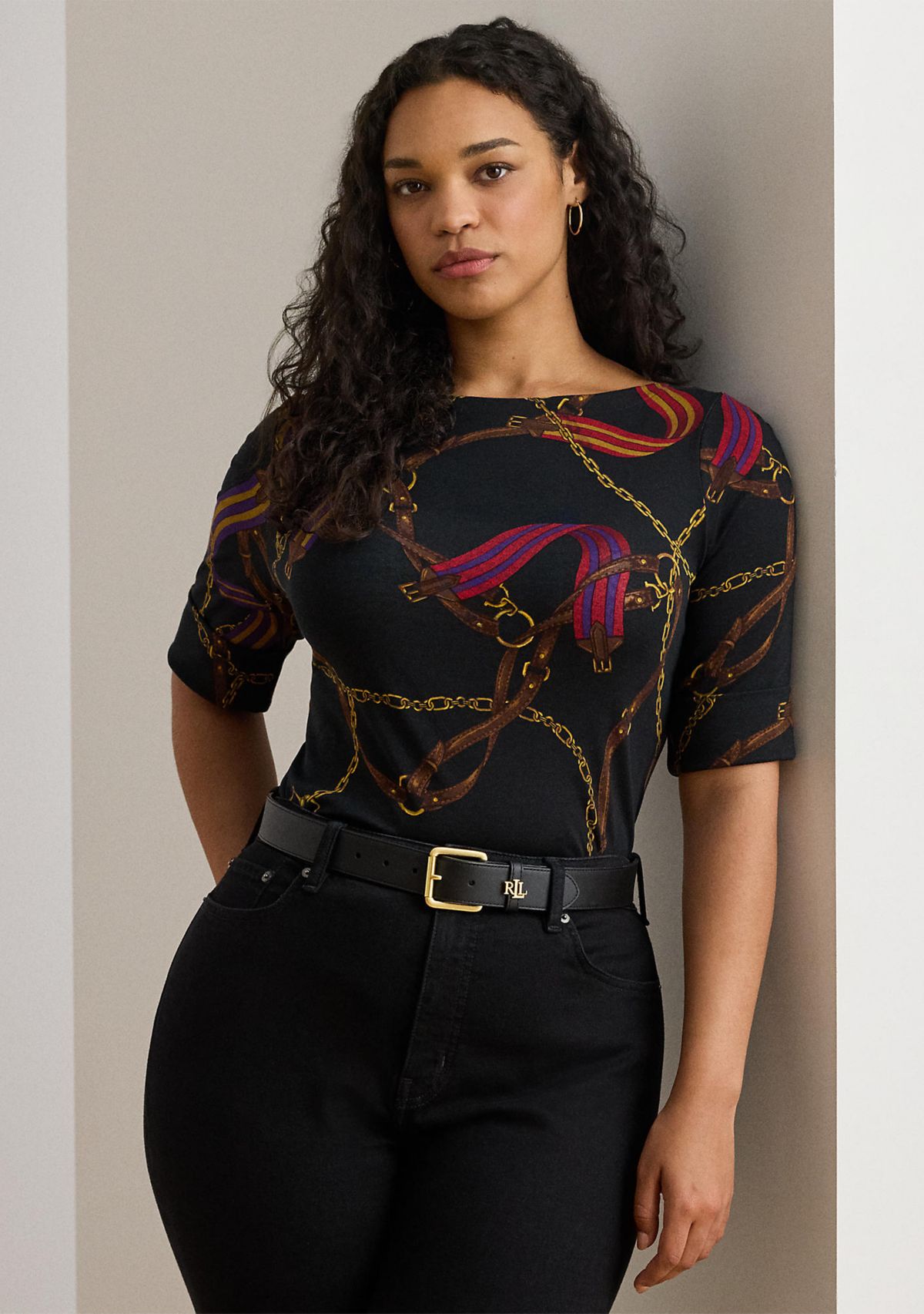 Print Stretch Cotton Boatneck T-Shirt