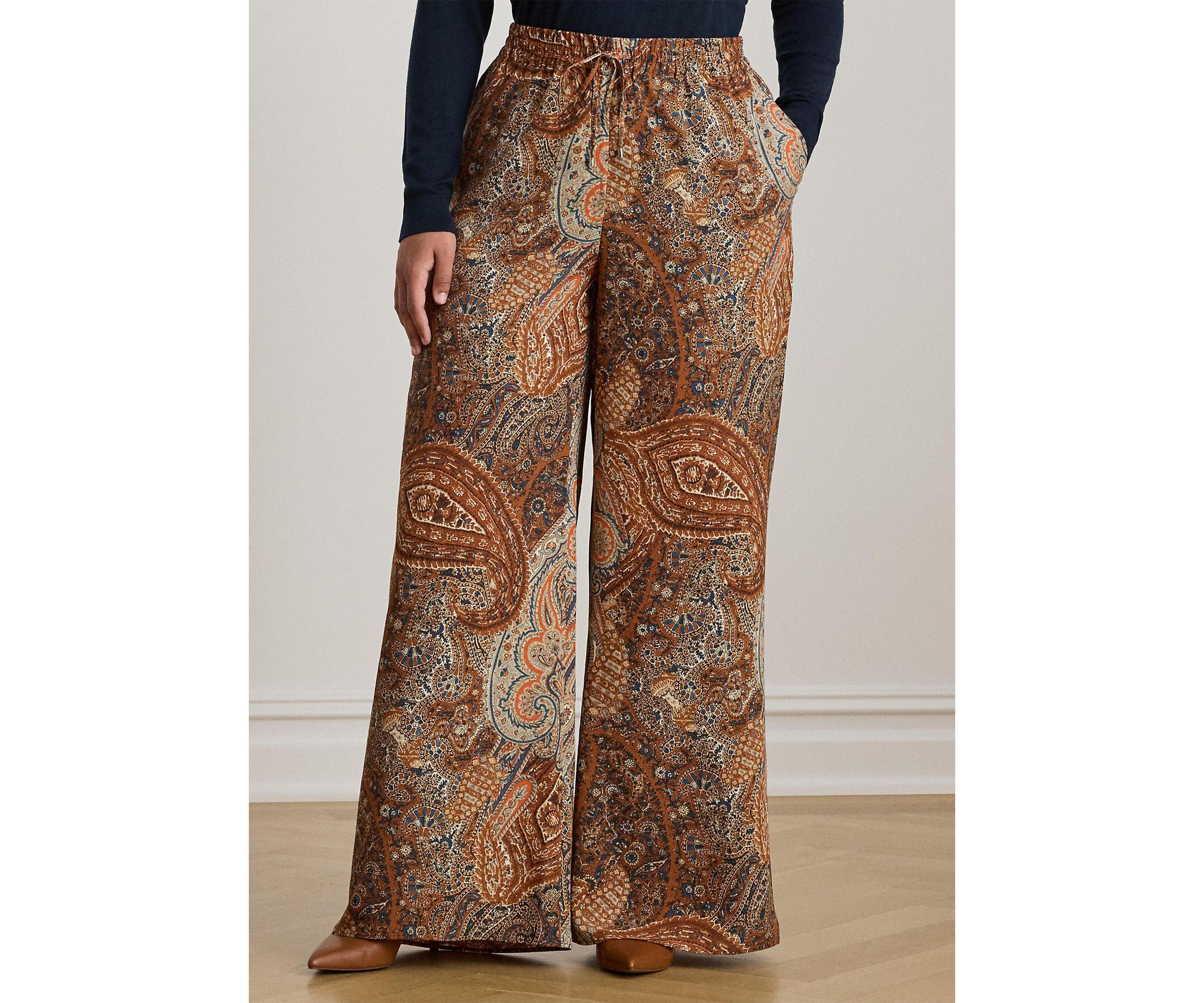 Plus Size Paisley Crepe Wide-Leg Pants