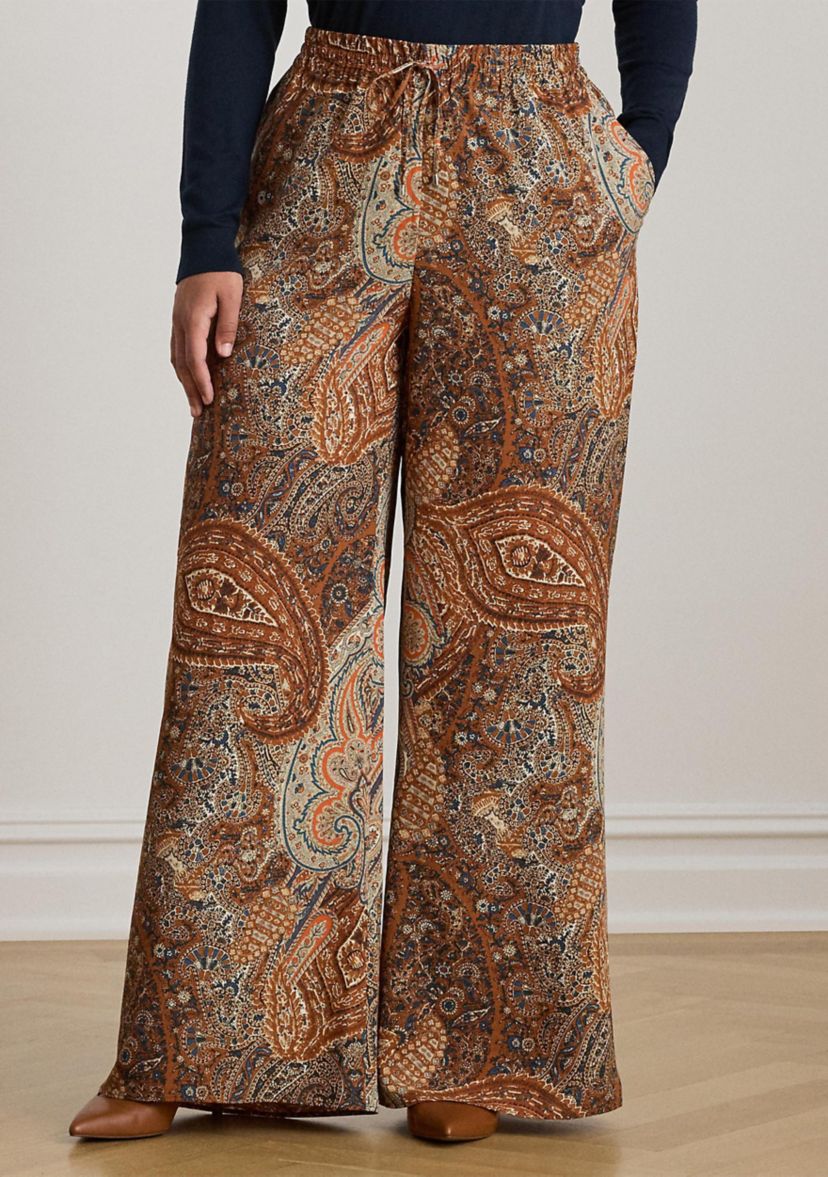 Plus Size Paisley Crepe Wide-Leg Pants