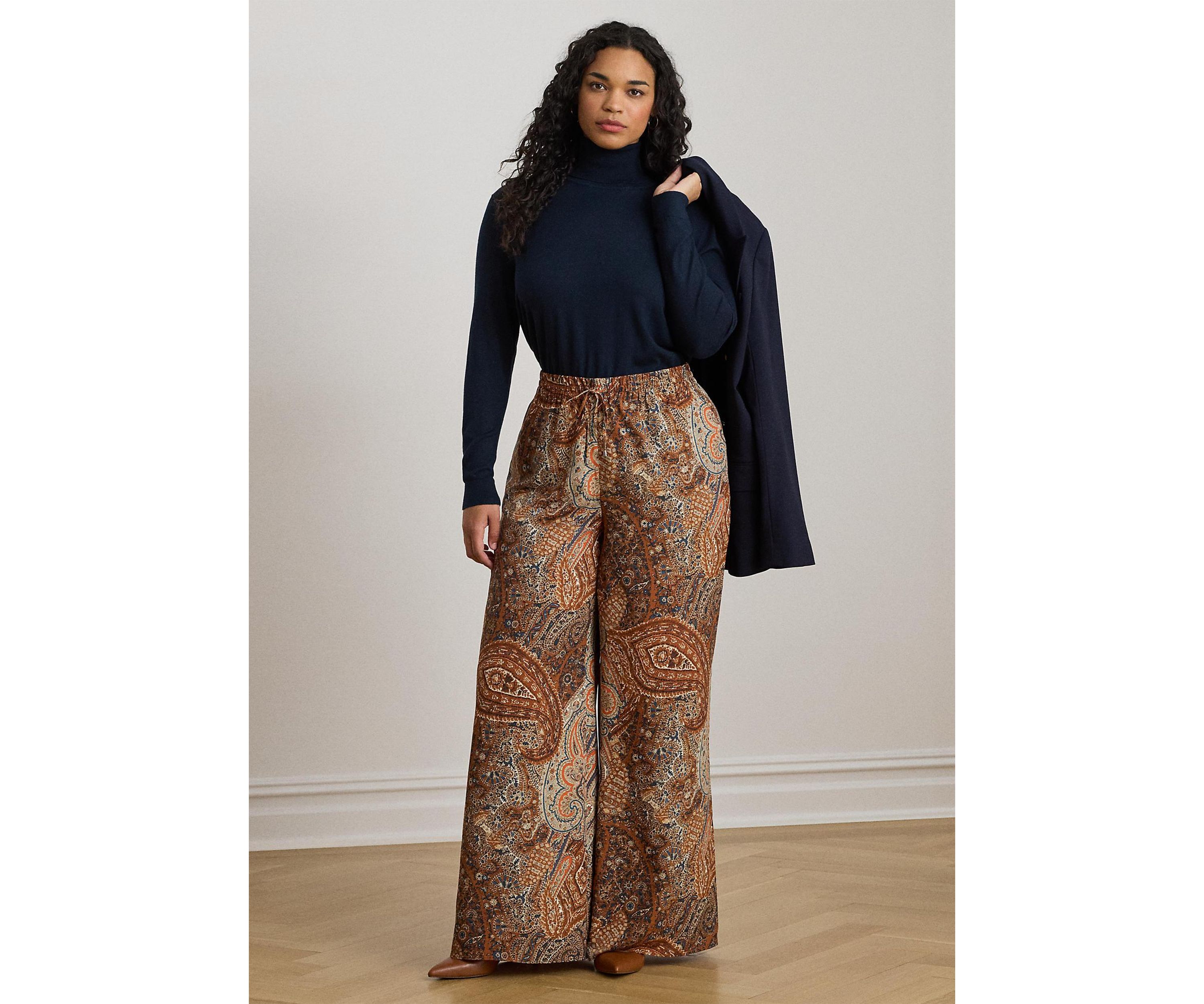 Plus Size Paisley Crepe Wide-Leg Pants
