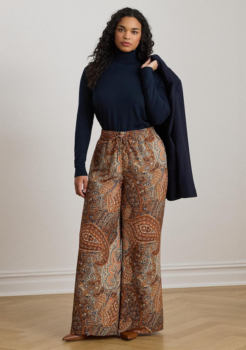 Plus Size Paisley Crepe Wide-Leg Pants