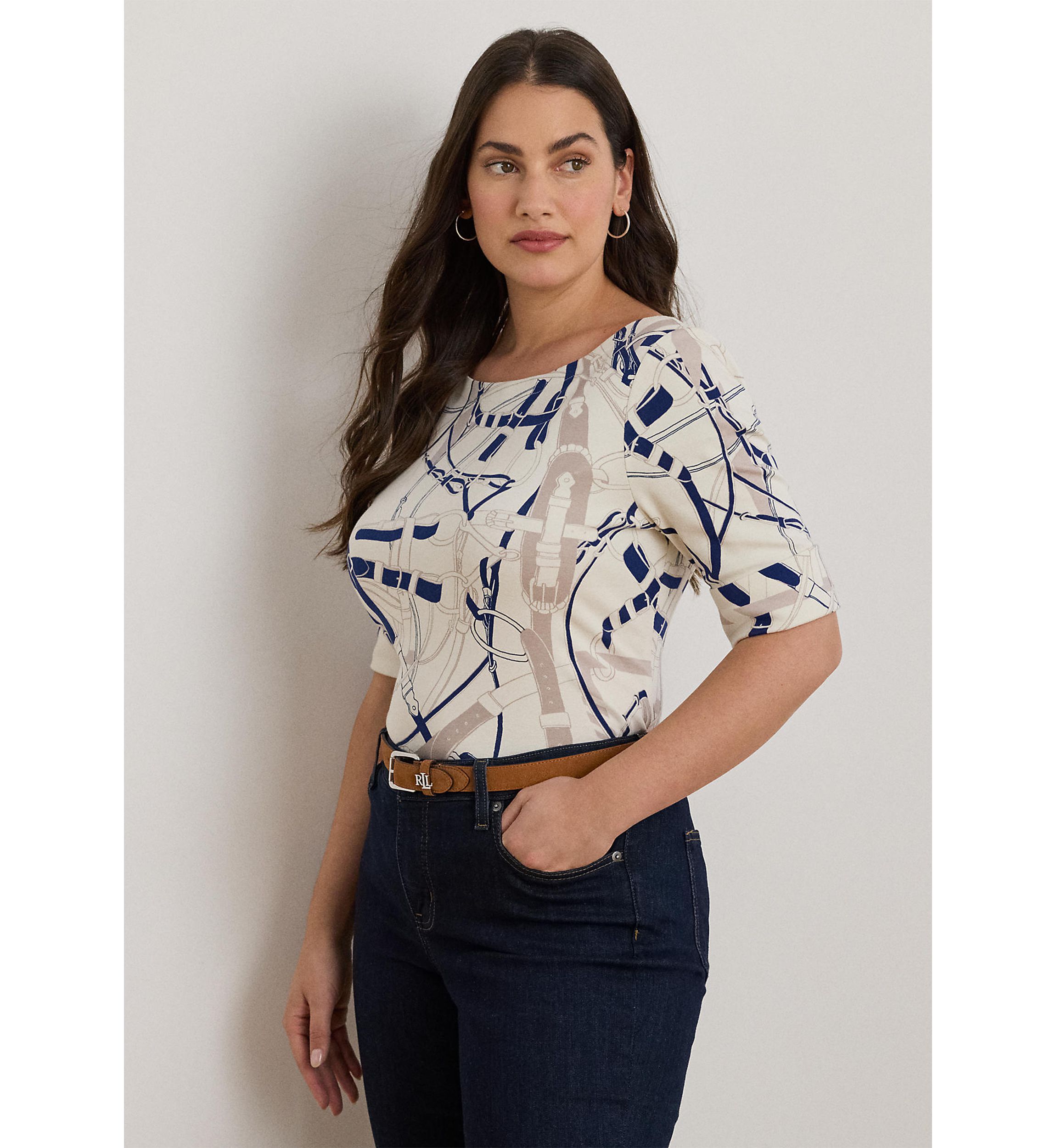 Womens Belting-Print Cotton Boatneck Tee