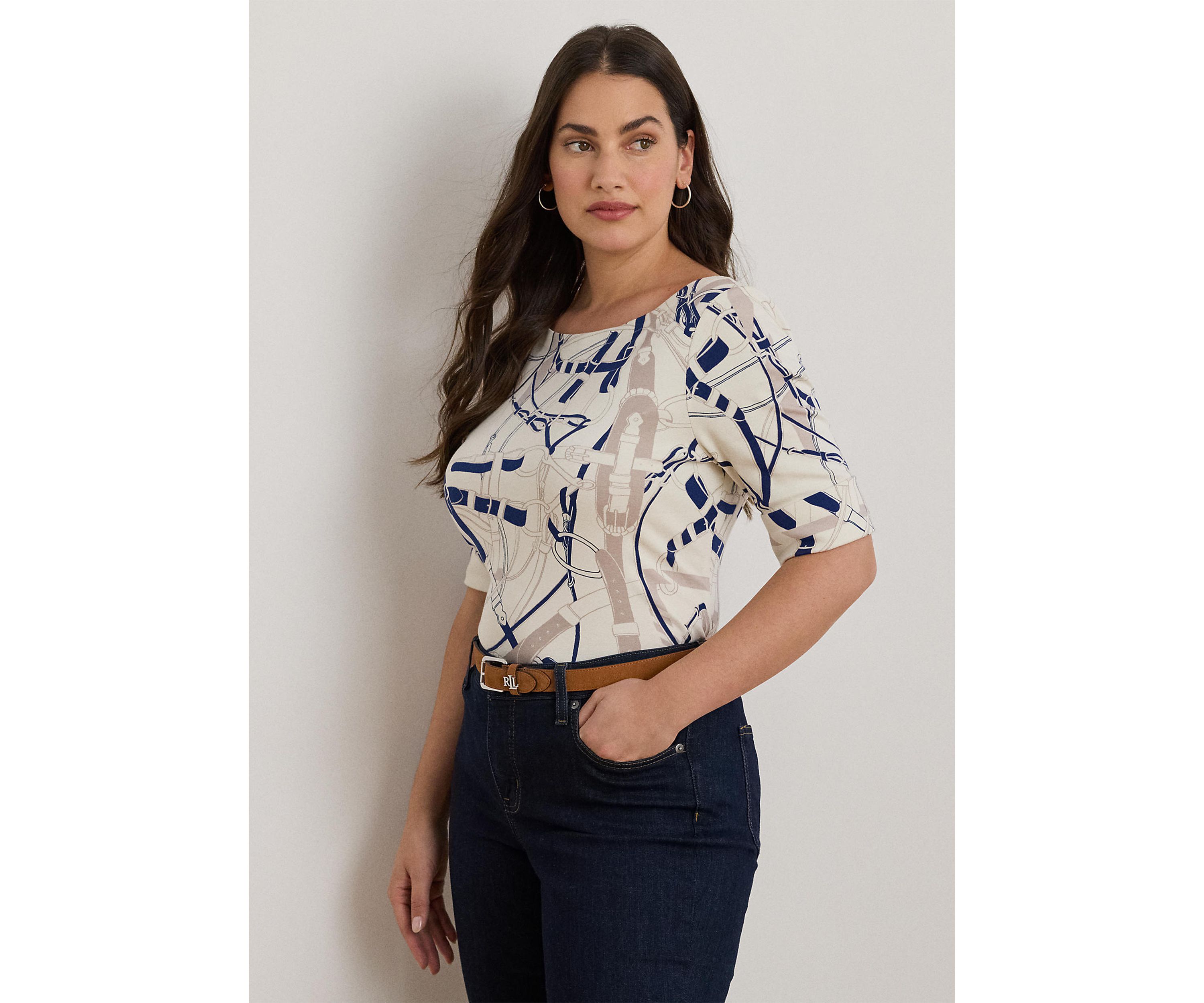 Womens Belting-Print Cotton Boatneck Tee