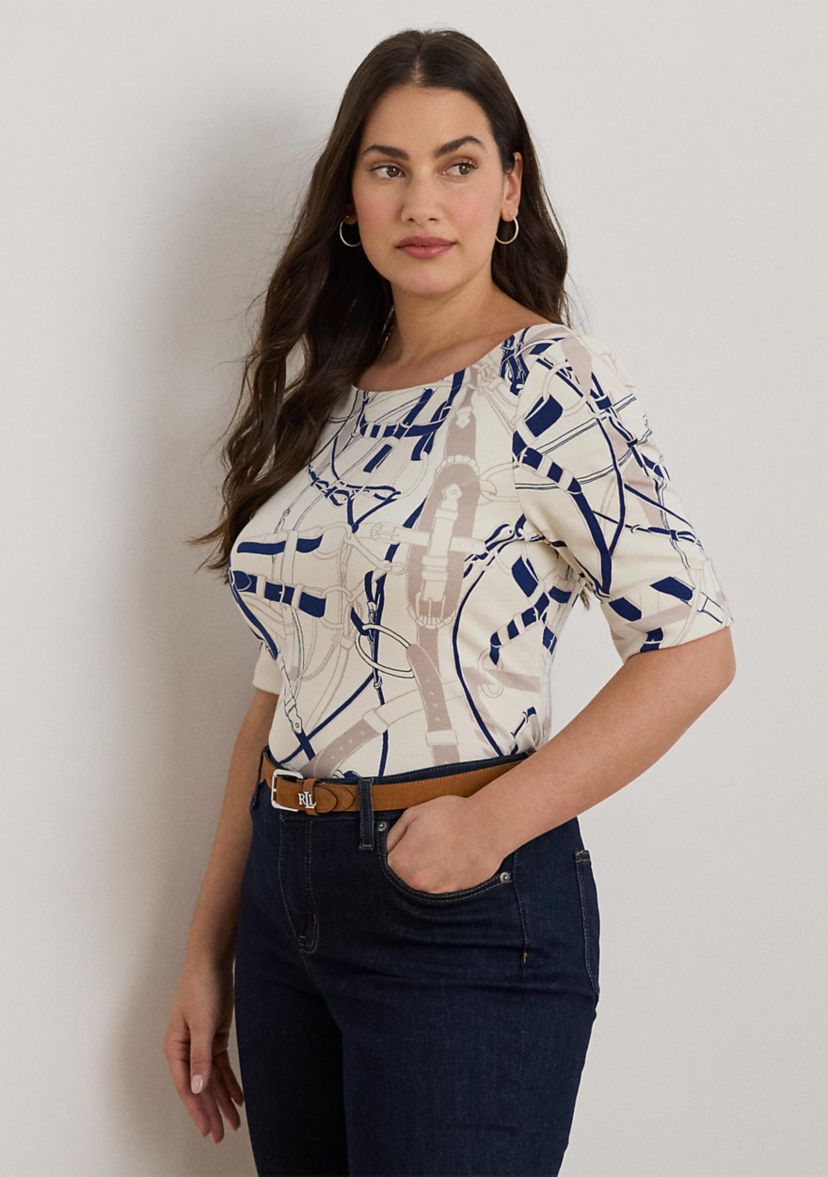 Womens Belting-Print Cotton Boatneck Tee