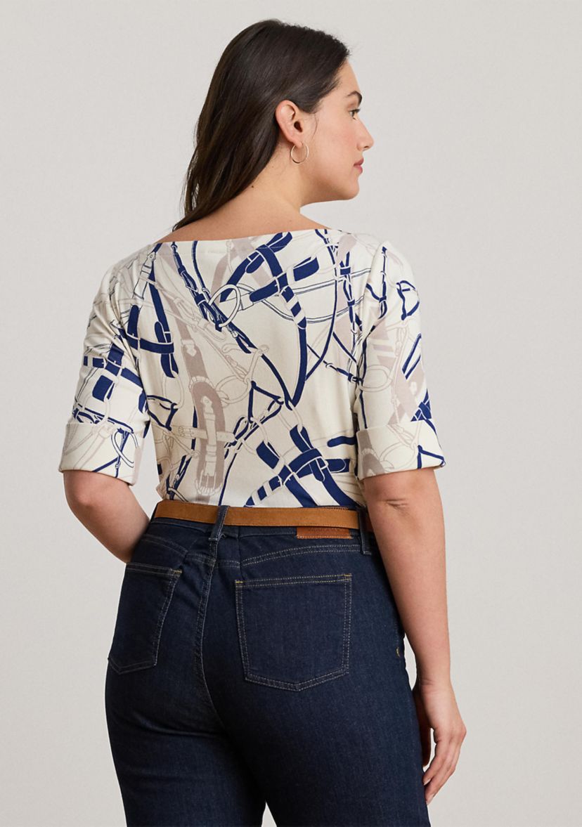 Womens Belting-Print Cotton Boatneck Tee
