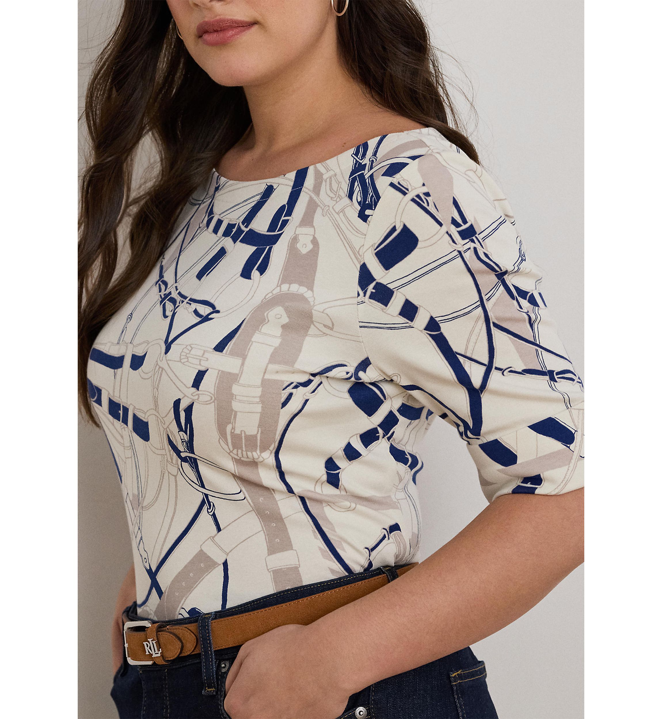Womens Belting-Print Cotton Boatneck Tee