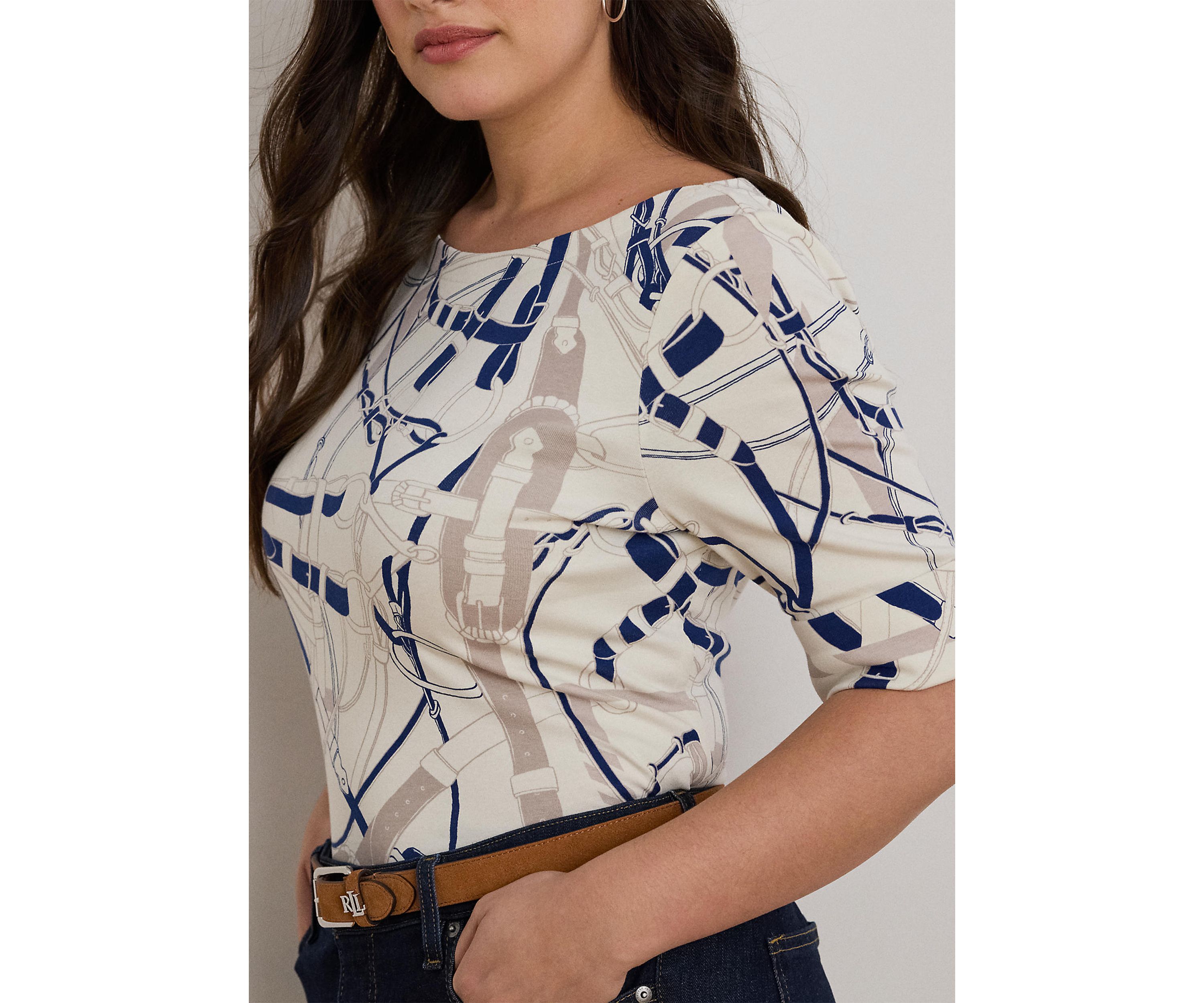 Womens Belting-Print Cotton Boatneck Tee