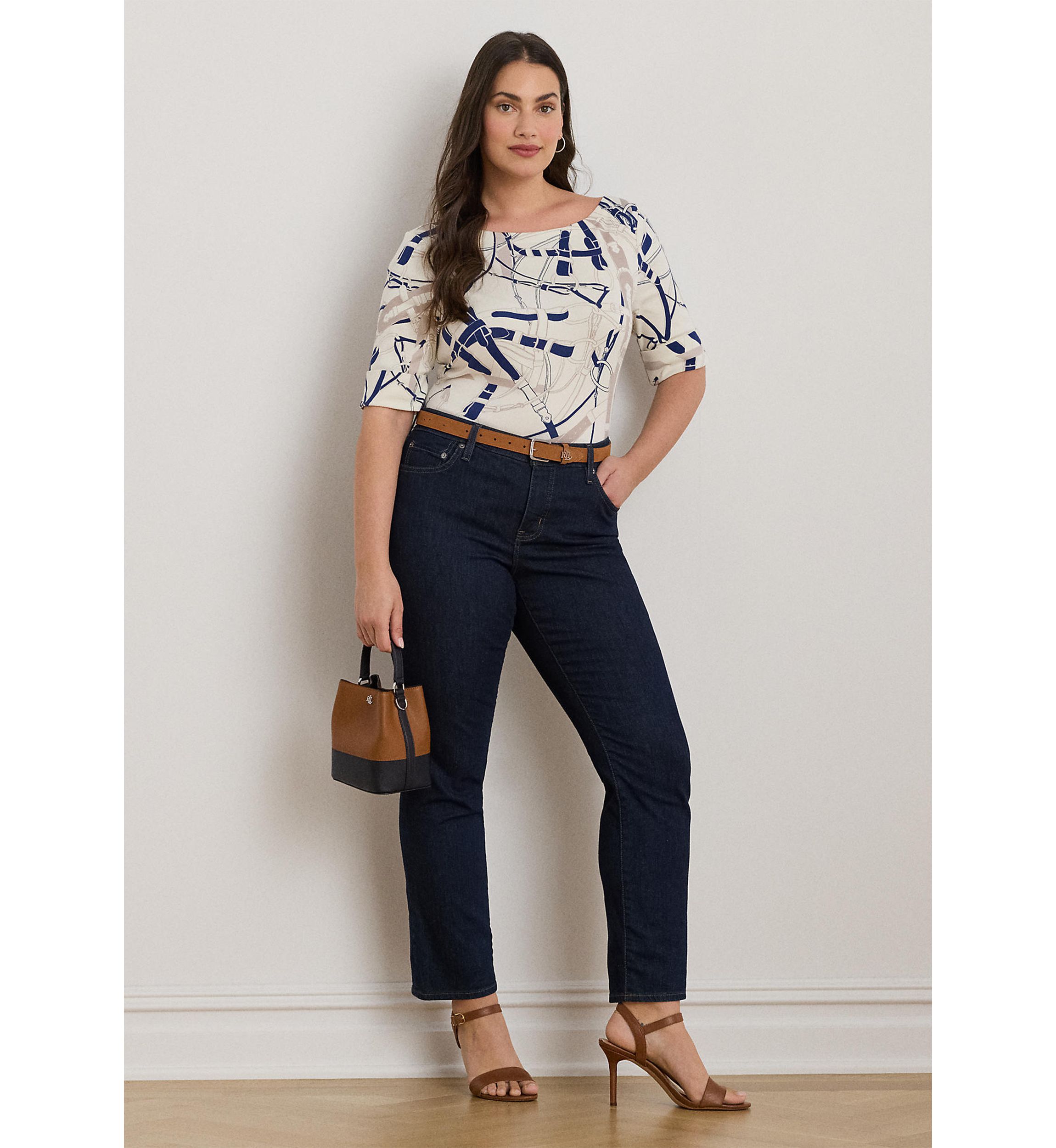 Womens Belting-Print Cotton Boatneck Tee